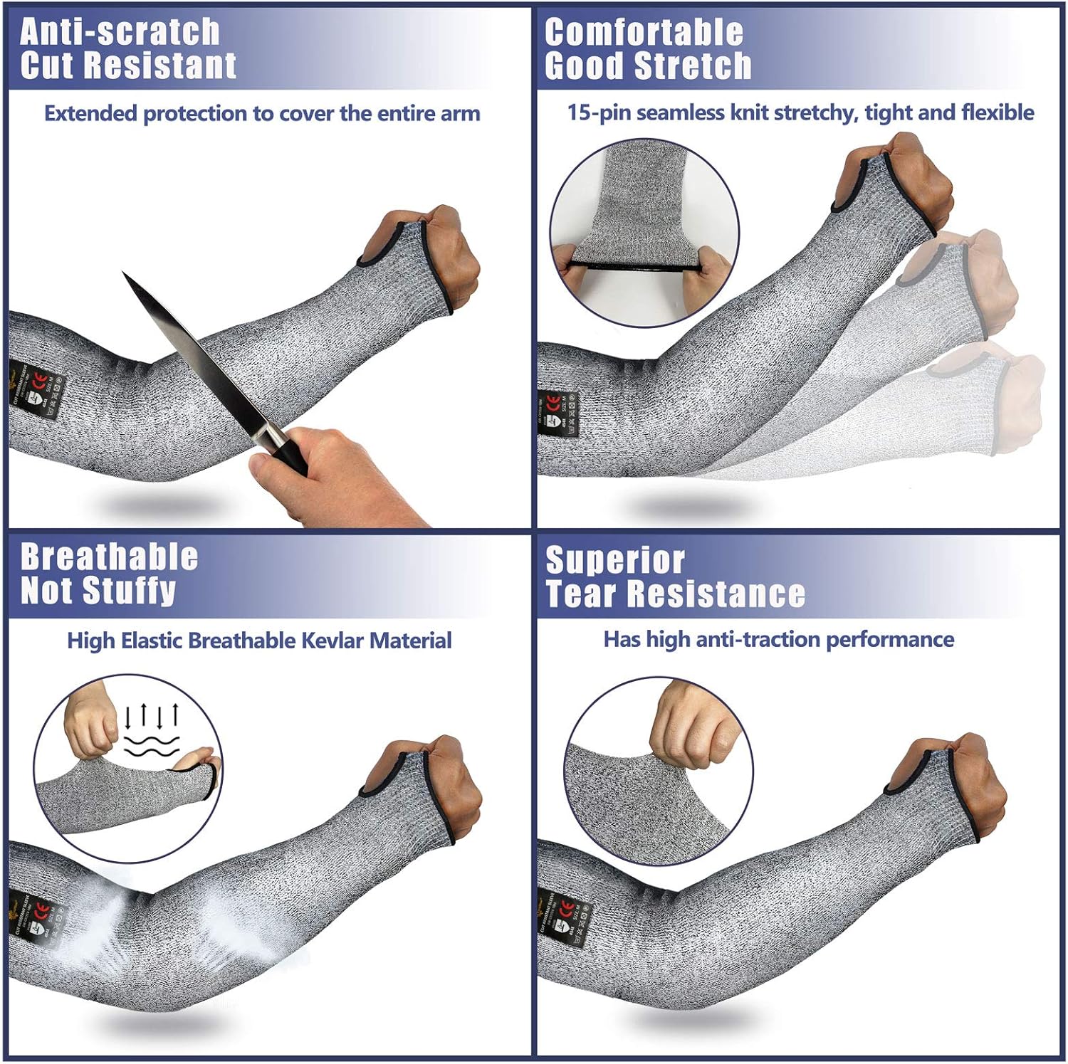Evridwear – 1 par de mangas resistentes a cortes para protección de brazos en el trabajo, EN388 Nivel 5, contra perforaciones, con o sin orificio