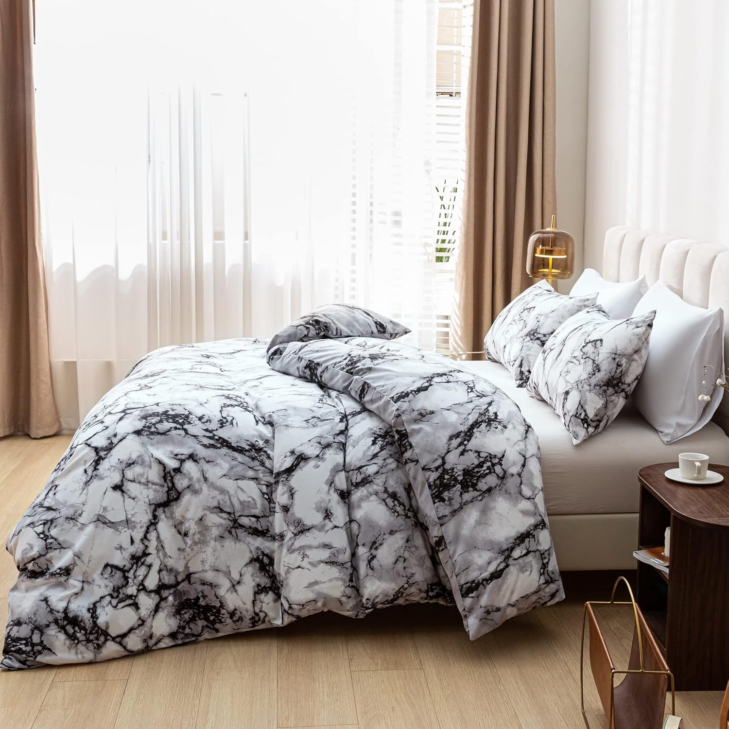 Smoofy Queen Marble White Comforter Set, White Marble Pattern Printed Soft Fabric with Brushed Microfiber Full Bed Sheets Fill Bedding Sets(1