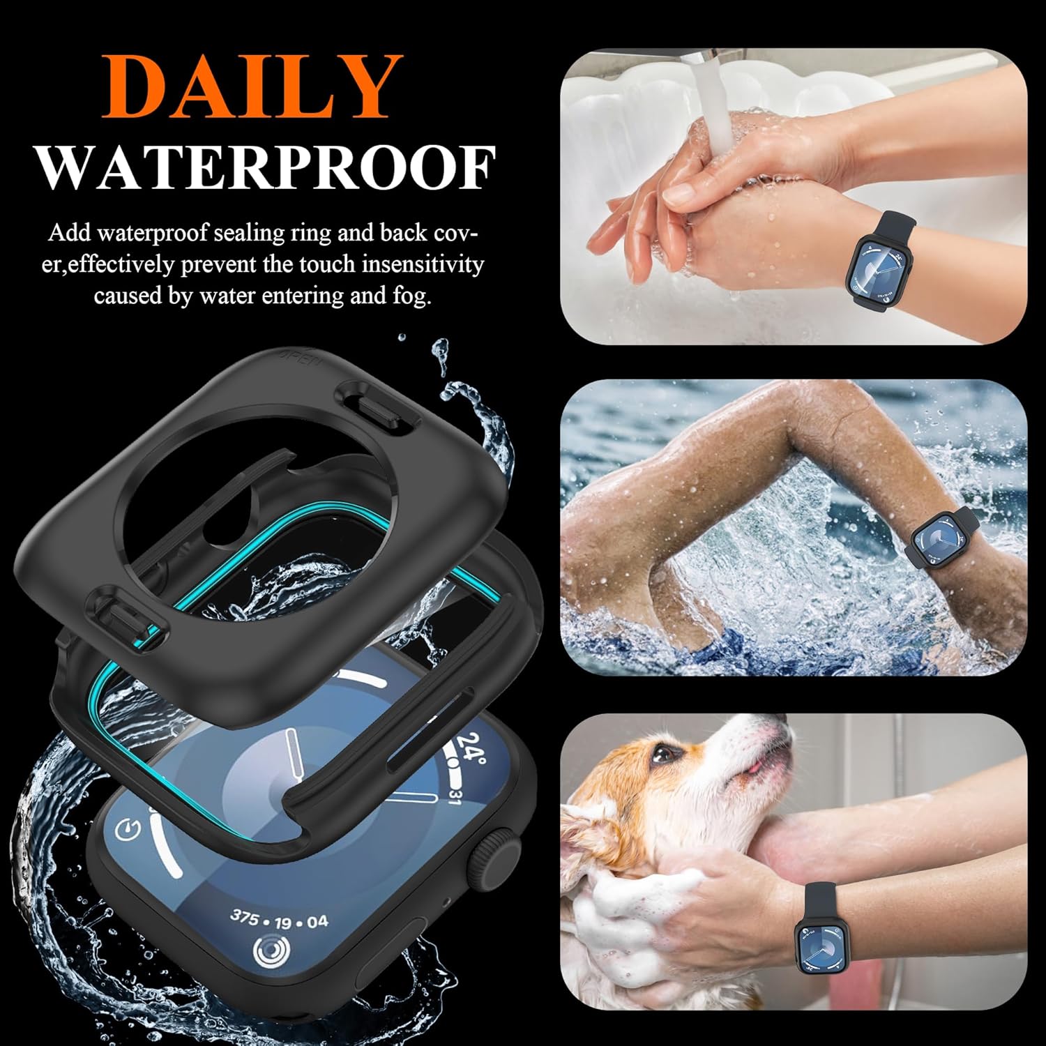 YMHML – Funda impermeable para Apple Watch Series 9 de 1.772 pulgadas, protector de pantalla de vidrio templado 360, cubierta frontal de