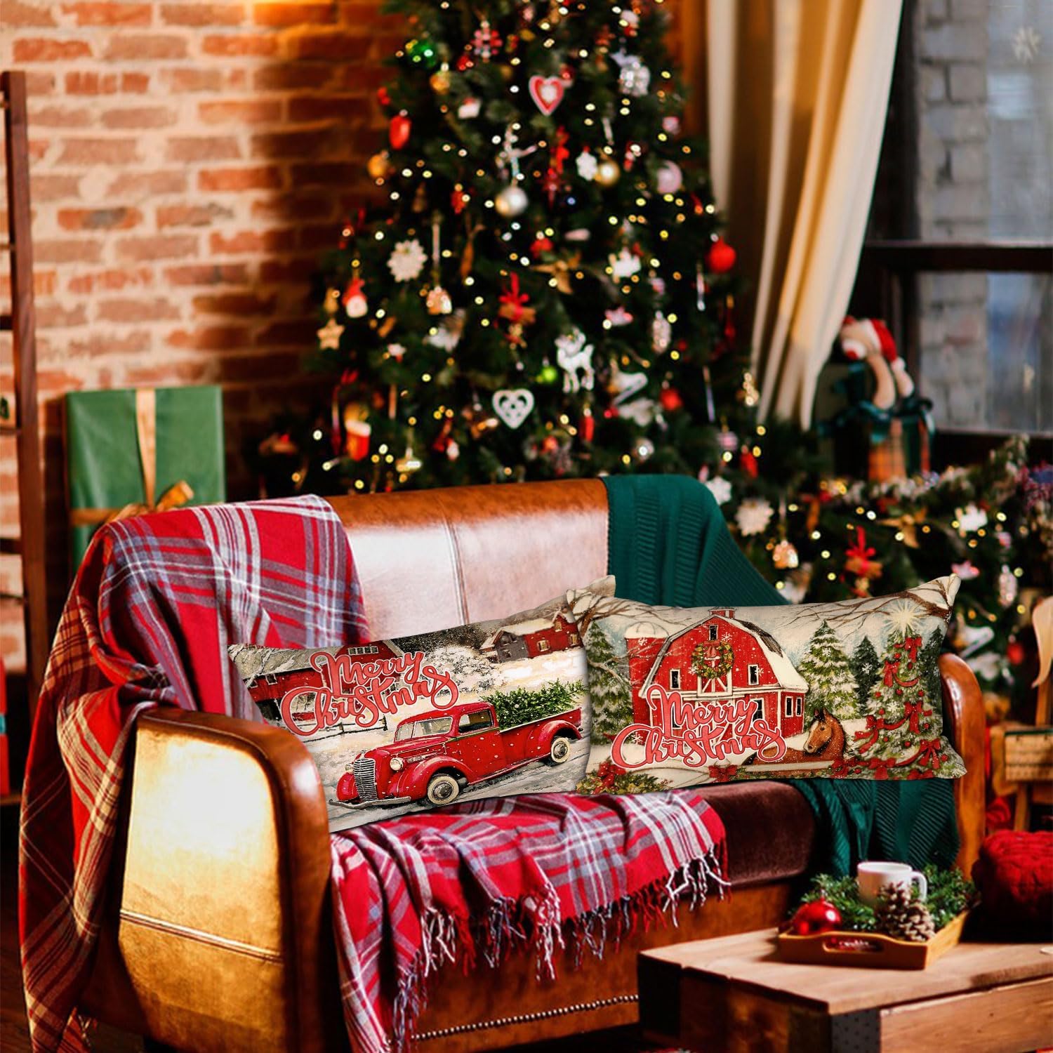Lanpn Juego de 4 fundas de almohada lumbar vintage de 14 x 24 pulgadas, fundas de almohada decorativas largas retro de Papá Noel de 14 x 24 pulgadas