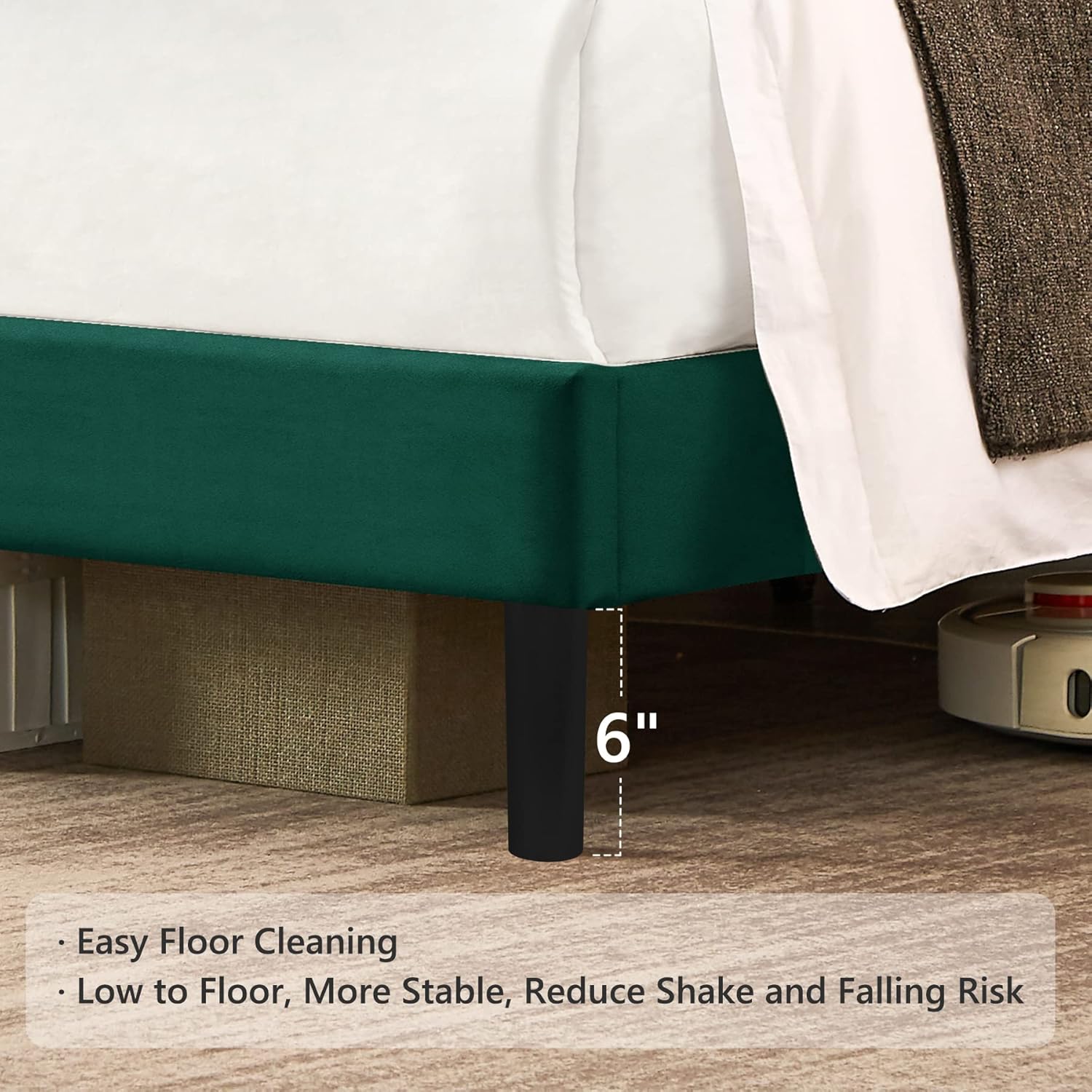Flolinda Base de cama de plataforma tamaño King con cabecera tapizada de terciopelo y soporte de listones de madera, base de colchón totalmente