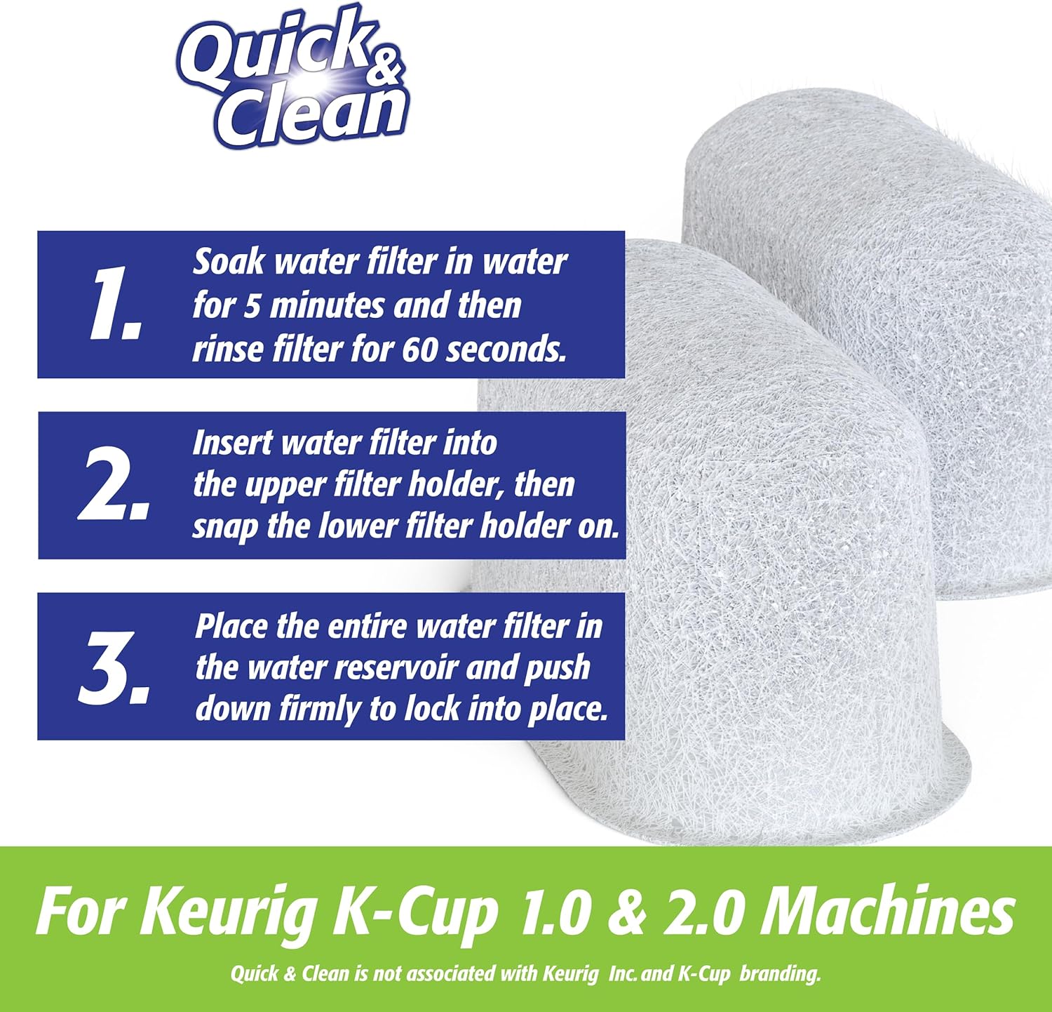 Quick & Clean Paquete de 4 tazas de limpieza + 2 filtros con paquete descalcificador (2 usos totales) – Compatible con 2.0, solución de