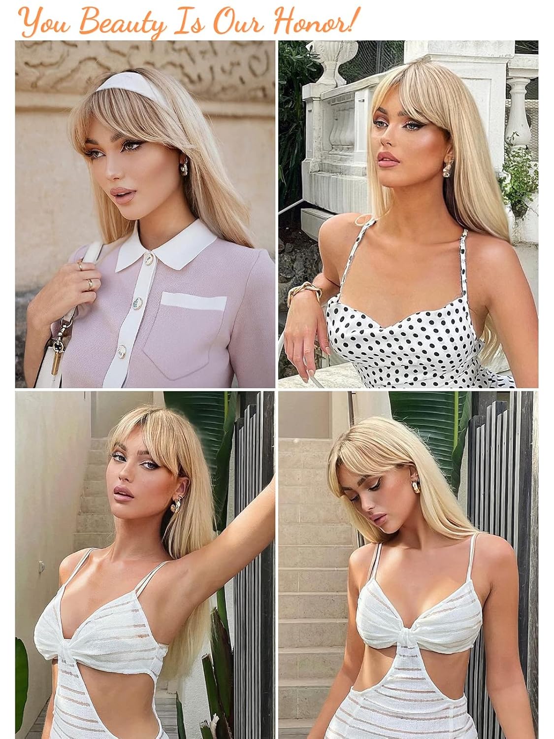 Honygebia – Peluca rubia con flequillo lateral, pelucas largas y lacias para mujeres blancas, pelo sintético color rubio oscuro ombré, resistentes