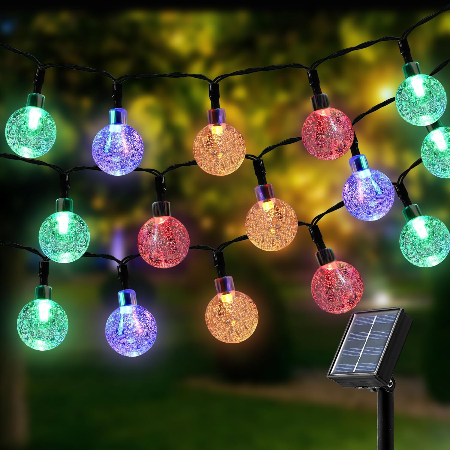 Guirnalda de luces solares para exteriores, 100 luces LED de 40 pies de globo de cristal multicolor, 8 modos, luces solares impermeables, para