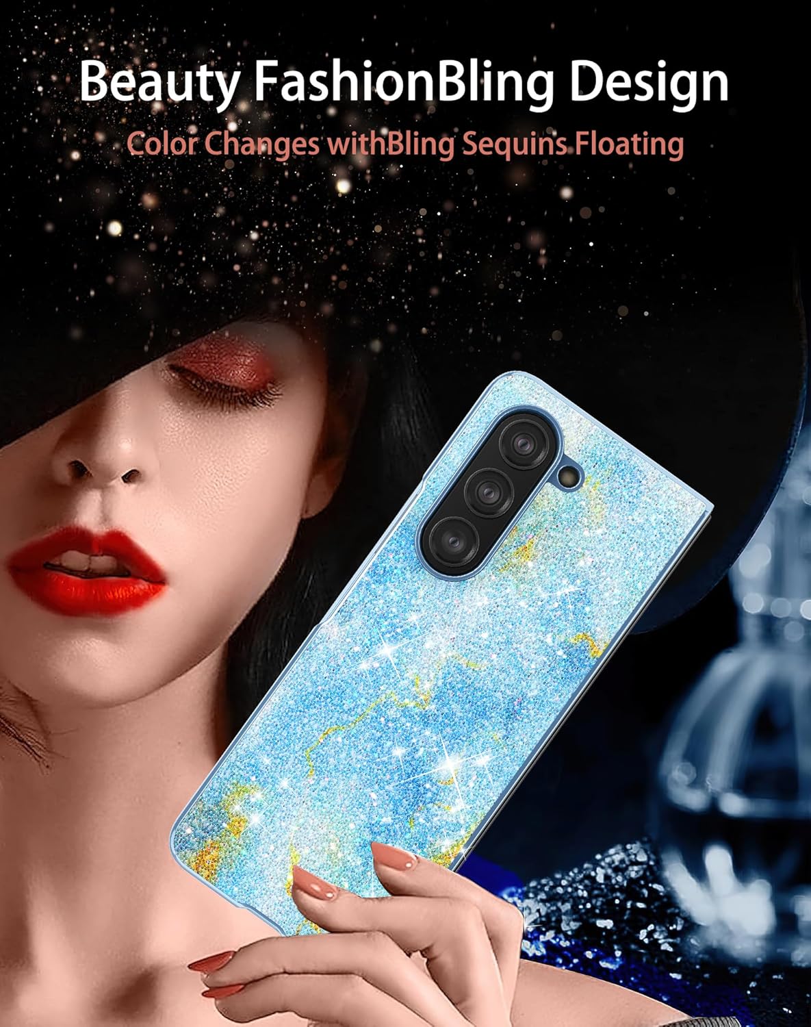 DDJ Funda para Samsung Galaxy Z Fold 5, funda rígida de policarbonato brillante con diamantes de imitación para mujeres y niñas, funda brillante