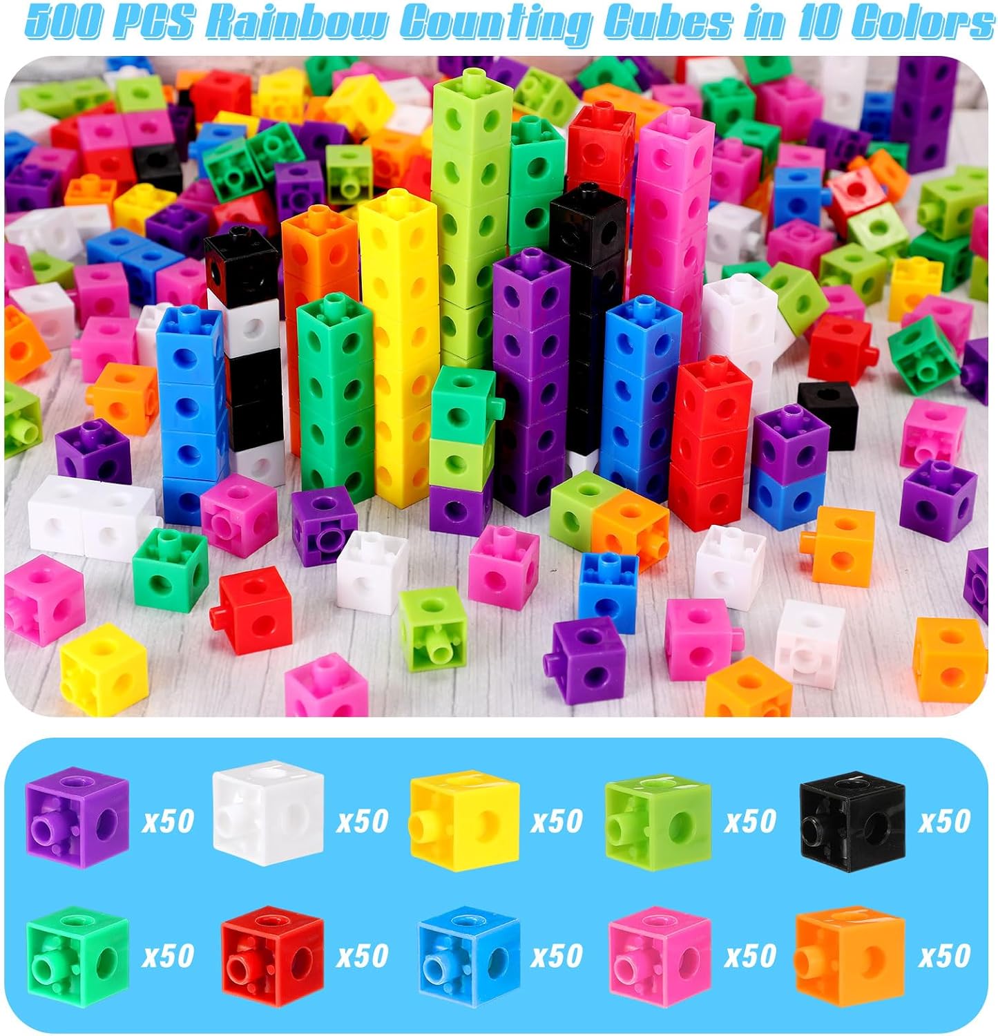 Jenaai 500 cubos de vinculación con 18 piezas de tarjetas madre, cubos de conteo de plástico, cubos de matemáticas coloridos, manipulativos de