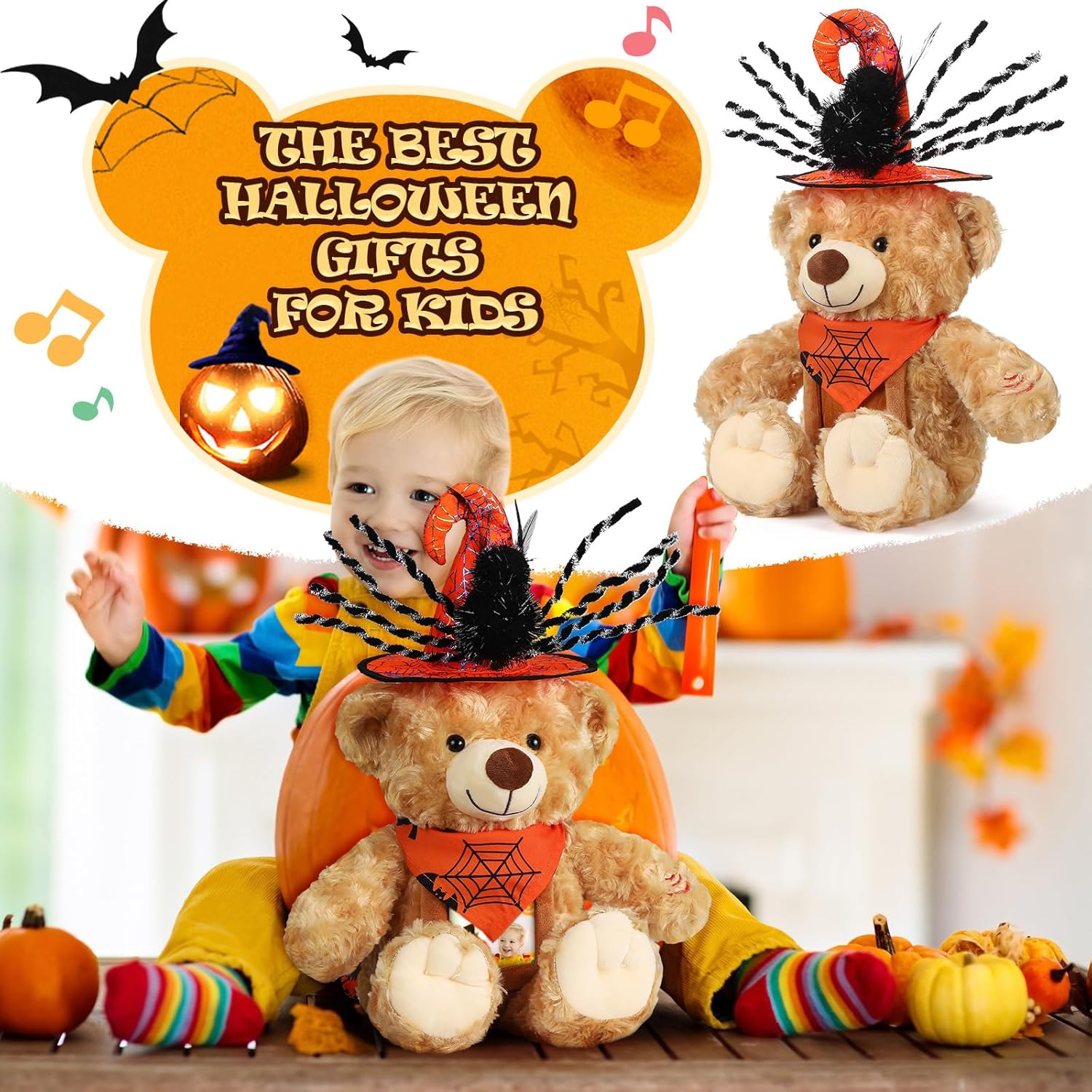 Juego de animales de peluche de oso de Halloween con grabadora de voz, lindo oso de Halloween de 12 pulgadas con sombrero de grabadora de voz y