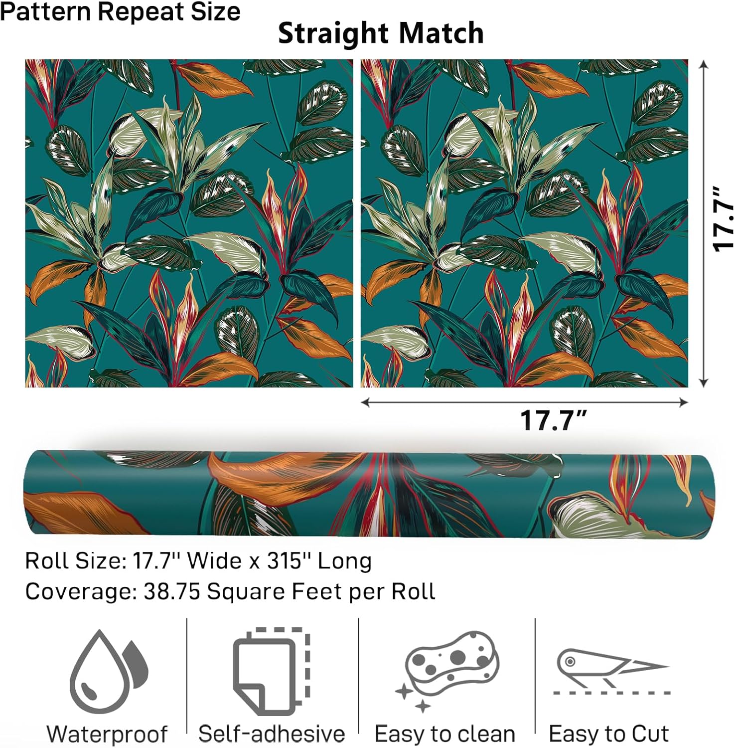 VaryPaper Papel tapiz exótico de 17.7 x 315 pulgadas, papel tapiz de hojas azul verde azulado exótico para despegar y pegar, papel tapiz de pared