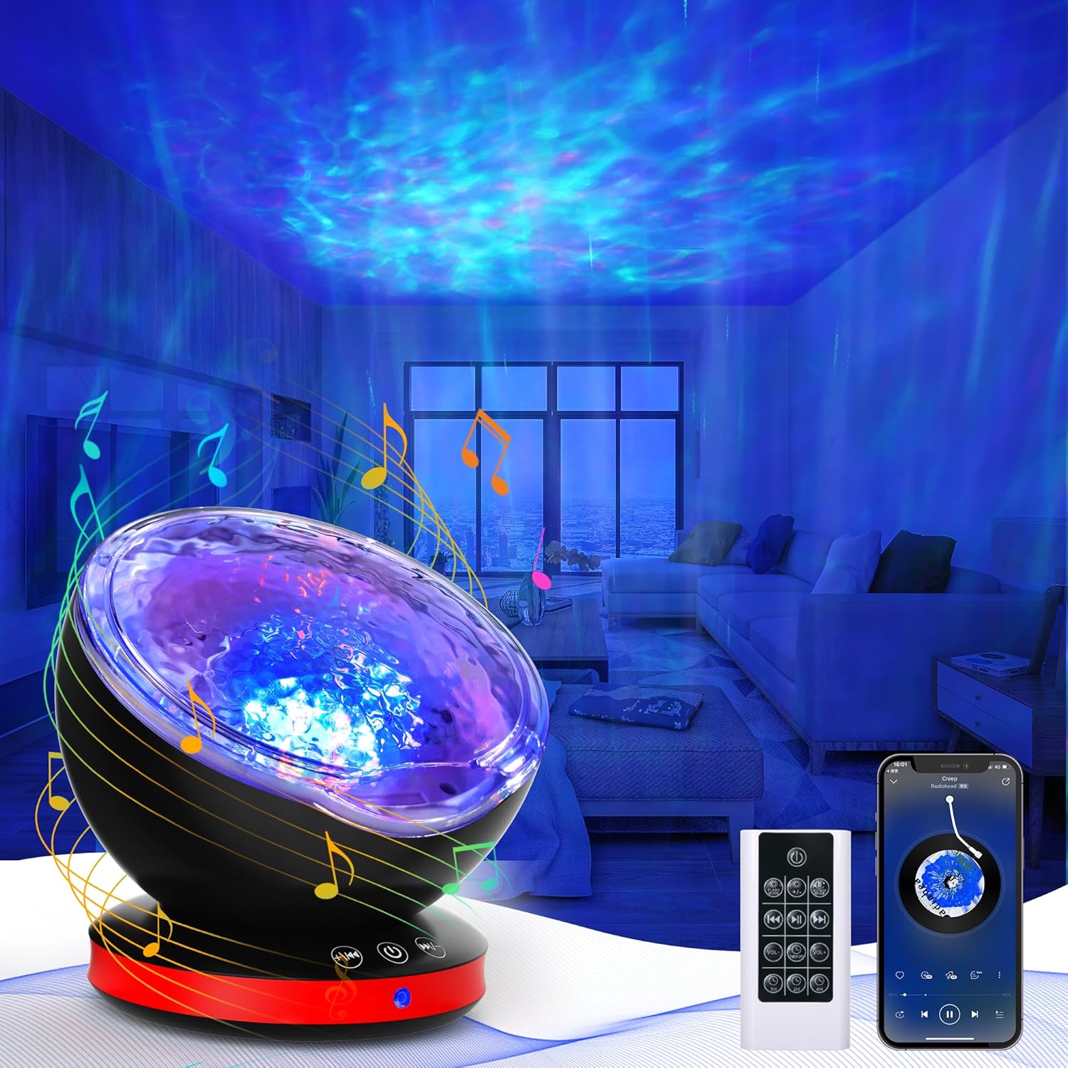 kiosbibi Proyector de ondas oceánicas, luz nocturna de ruido blanco para dormitorio de niños, control remoto y temporizador, altavoz Bluetooth,
