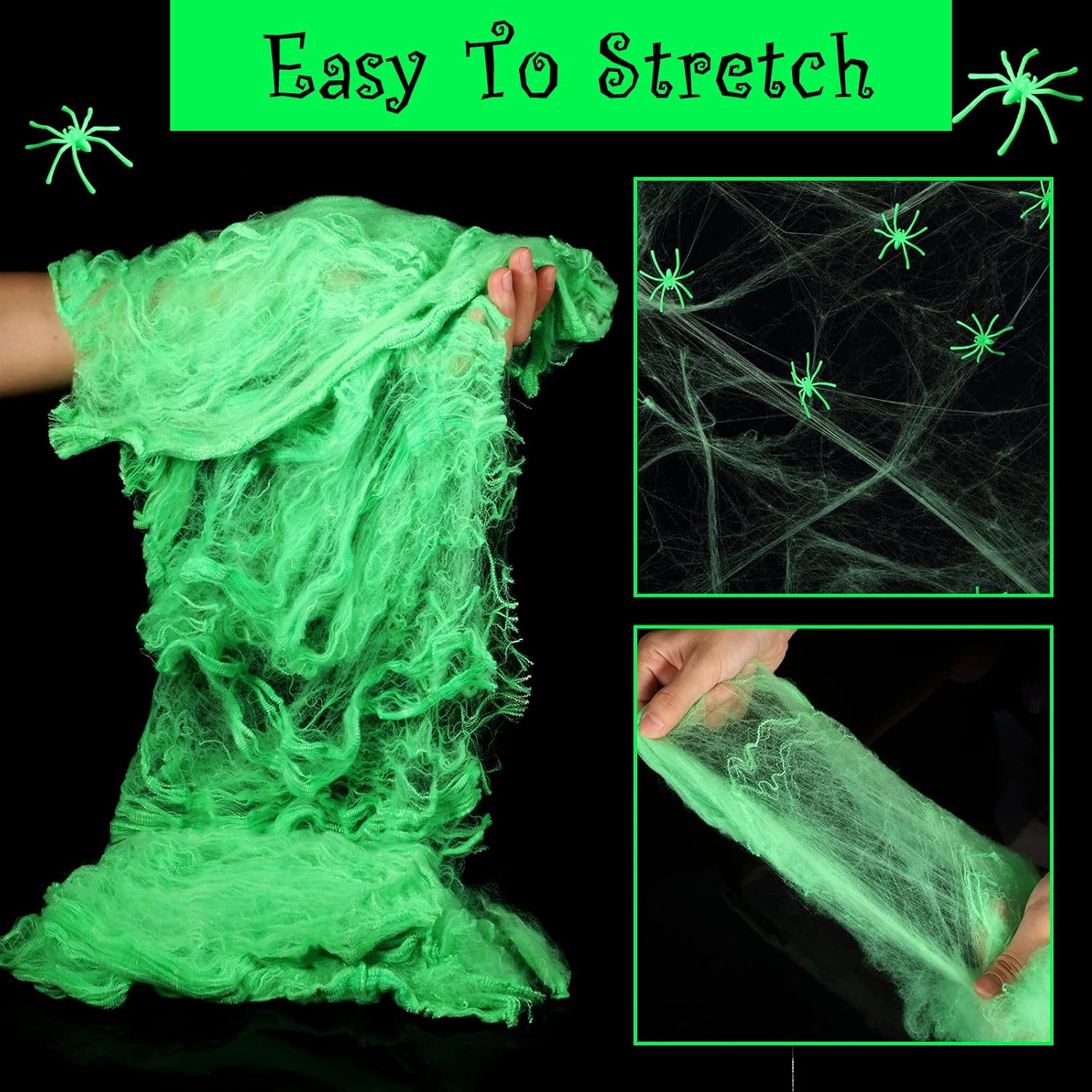 Telaraña que brilla en la oscuridad de 8.47 oz y 150 piezas de telaraña falsa que brilla para Halloween, telarañas elásticas para decoración de