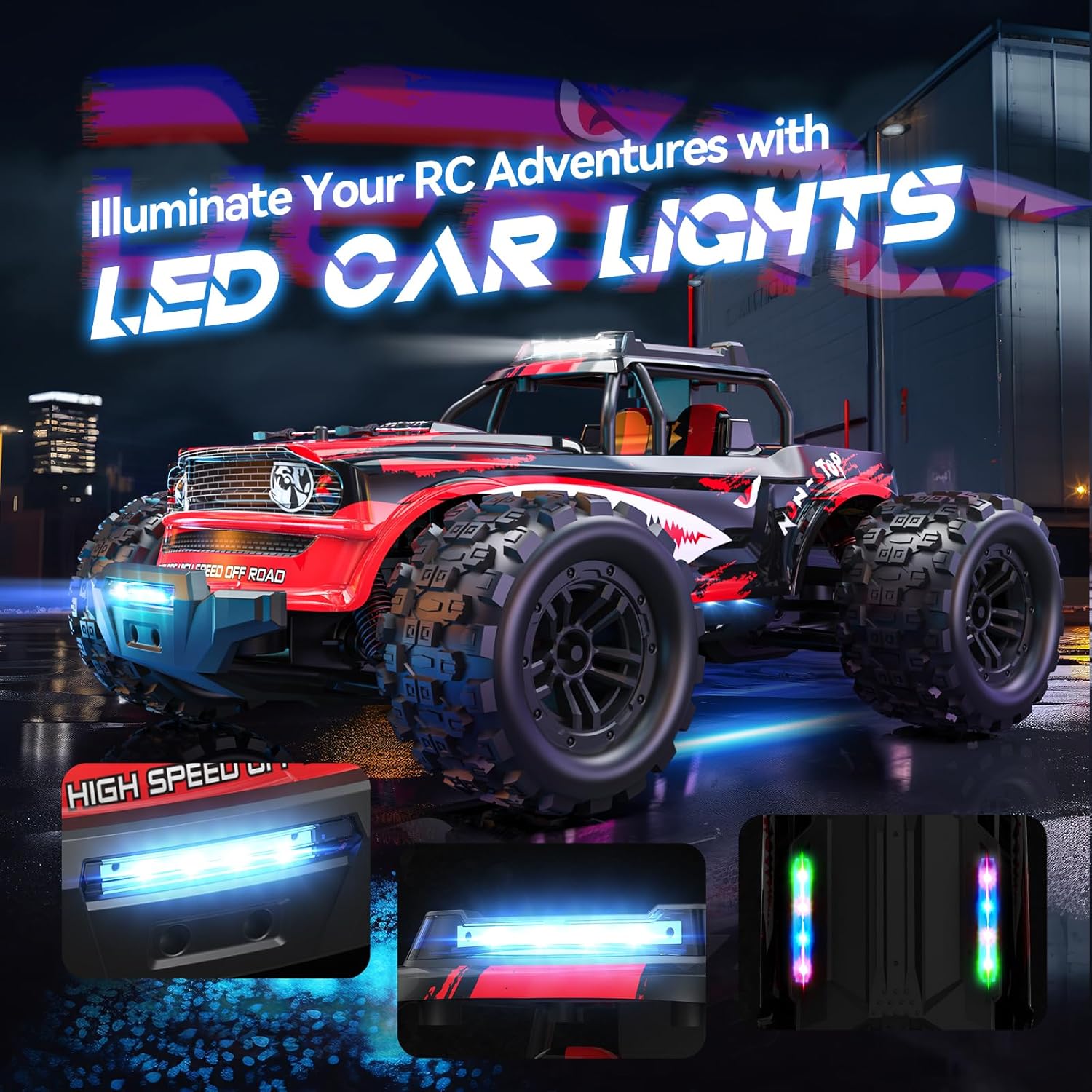 DEERC Autos RC rápidos 114 con luces LED coloridas, auto de control remoto de tiburón de alta velocidad de 40 KMH, 4 x 4 RTR todo terreno,