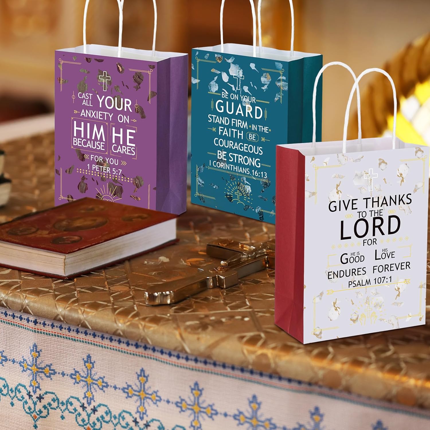 Hosuly 16 bolsas de regalo de himno religioso, bolsa de papel de escritura cristiana con citas de versículos de la Biblia, bolsas de regalo de