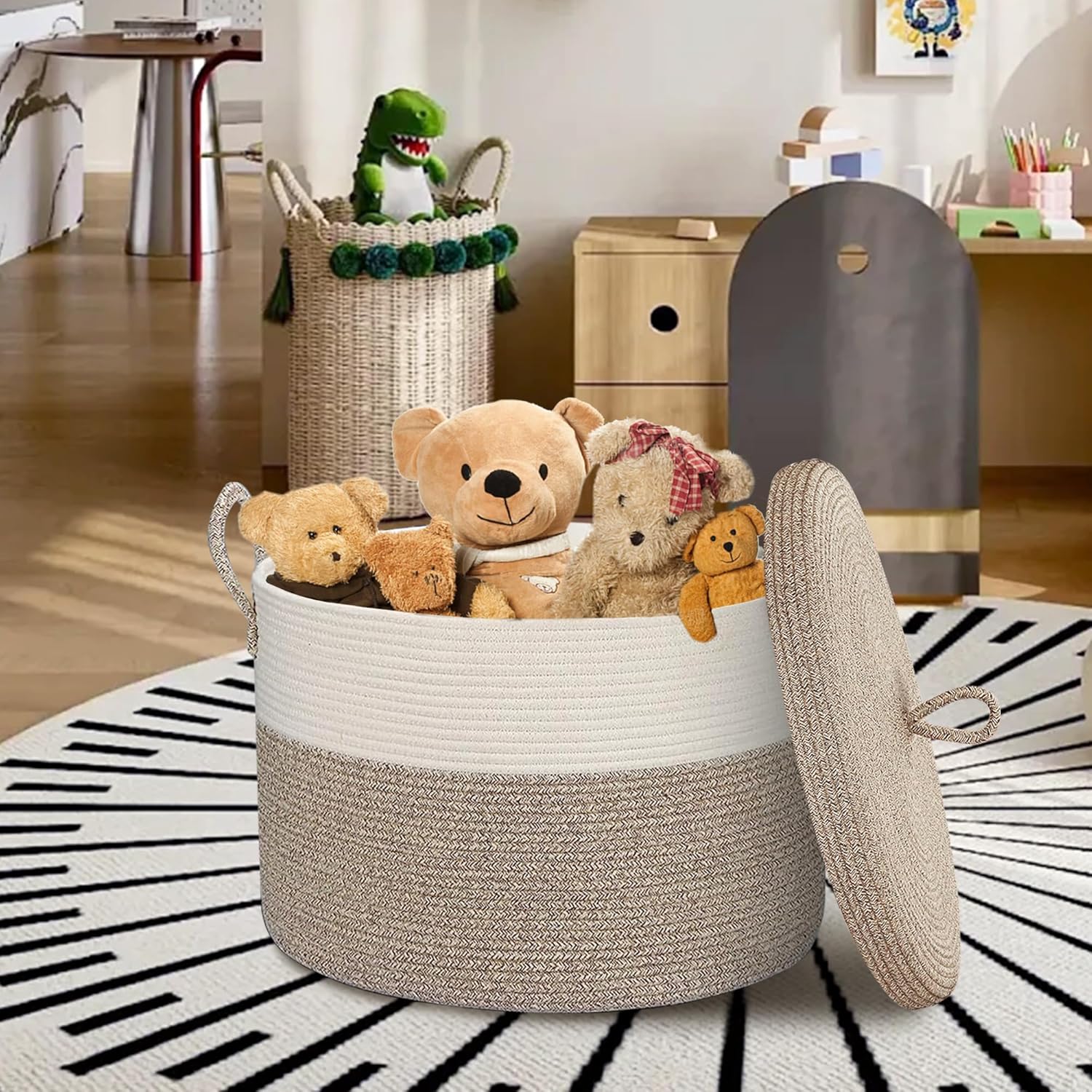 Cesta de almacenamiento grande de 20 x 15 pulgadas con tapa, cesta de manta para sala de estar, cestas de cuerda de algodón tejida para