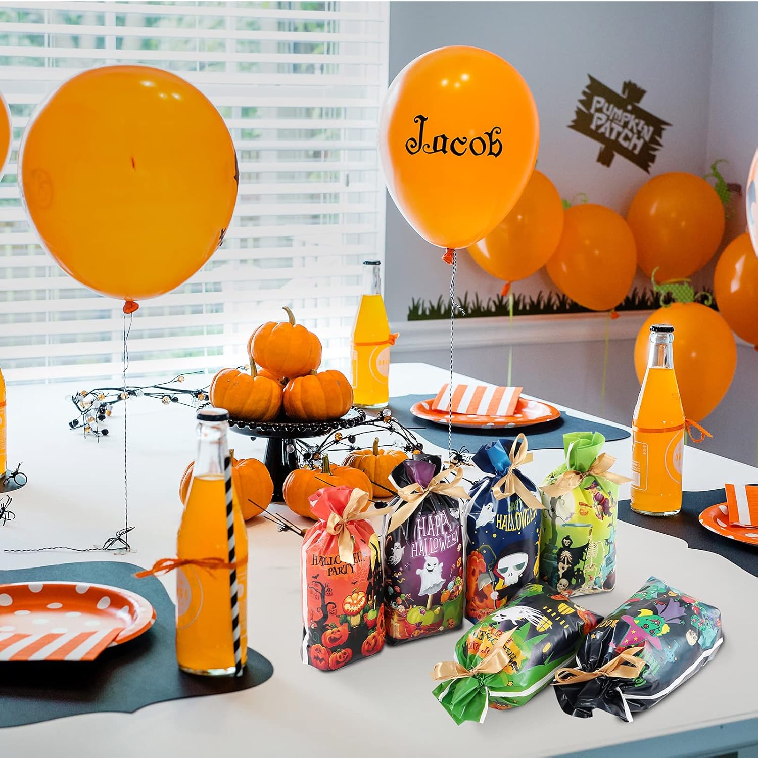 60 bolsas de Halloween con cordón para golosinas, bolsa de golosinas de Halloween para dulce o truco, bolsas de dulces de Halloween, suministros de