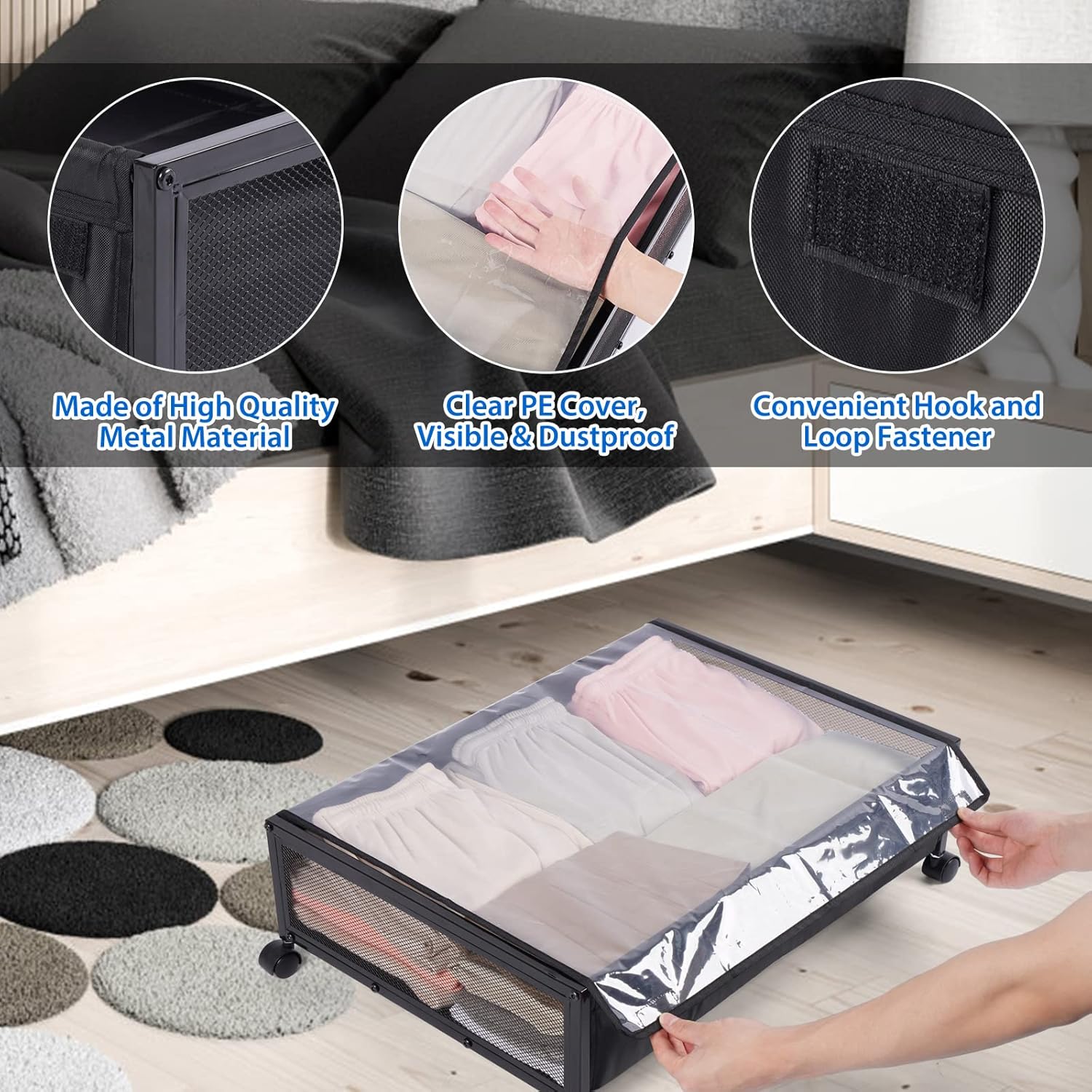 ZZYZSFUS Contenedores de almacenamiento debajo de la cama con ruedas, estante de almacenamiento de zapatos debajo de la cama con cubierta a prueba