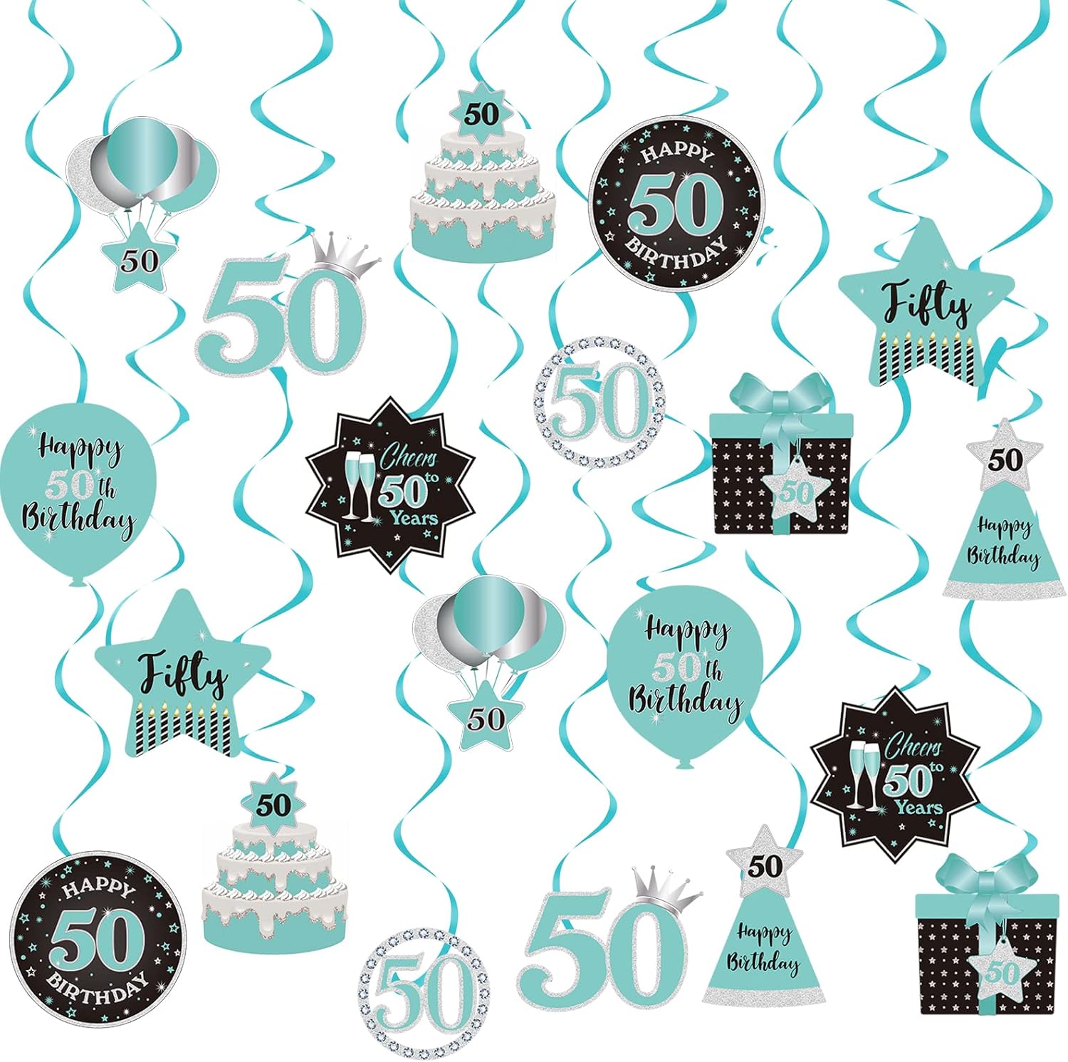 Decoración de techo con diseño de remolinos colgantes para fiesta de cumpleaños número 50, decoración de 50 años, espirales colgantes de papel de
