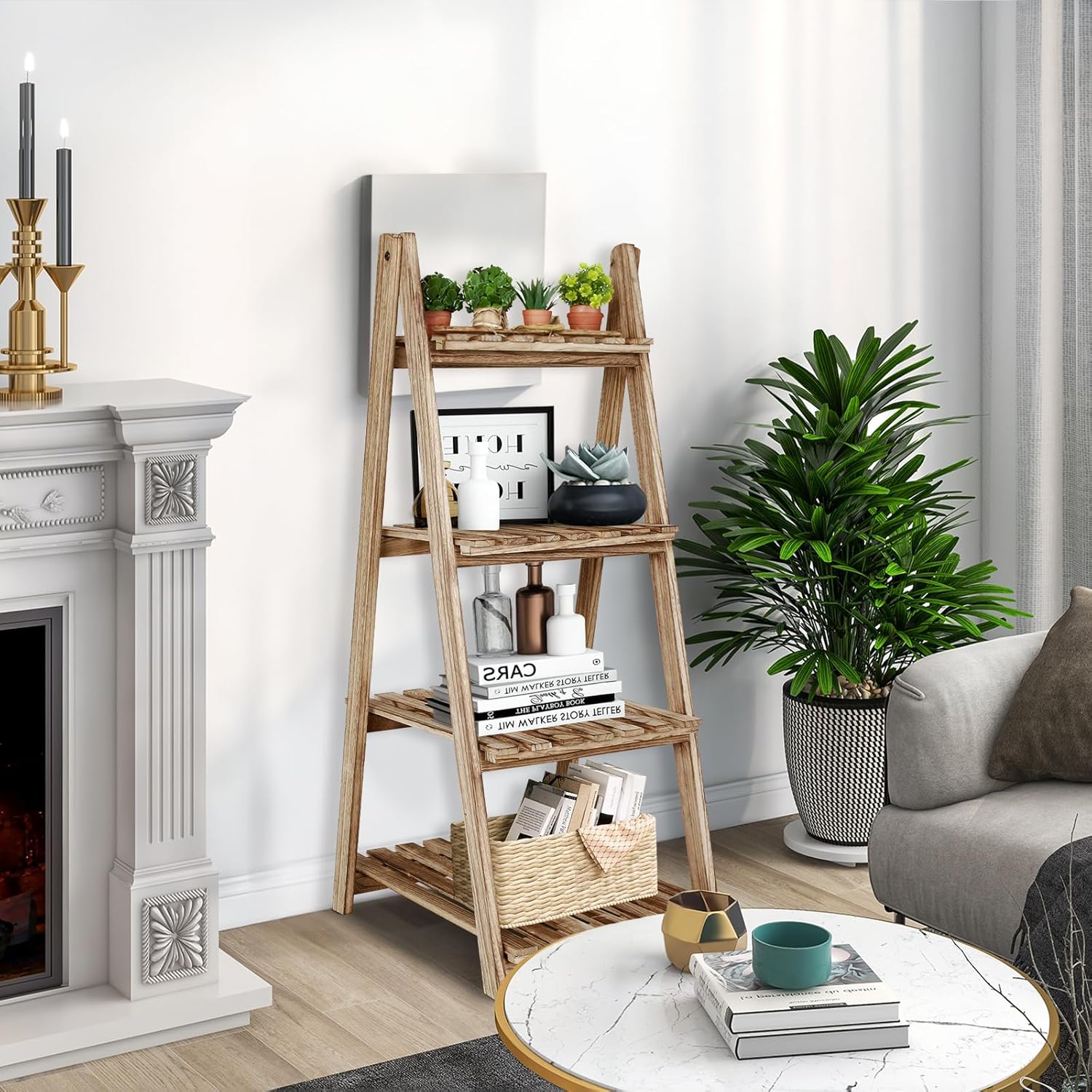 ECOMEX Estante de escalera – Organizador de almacenamiento con estantes de madera rústica de 4 niveles, elegante y funcional soporte para plantas de