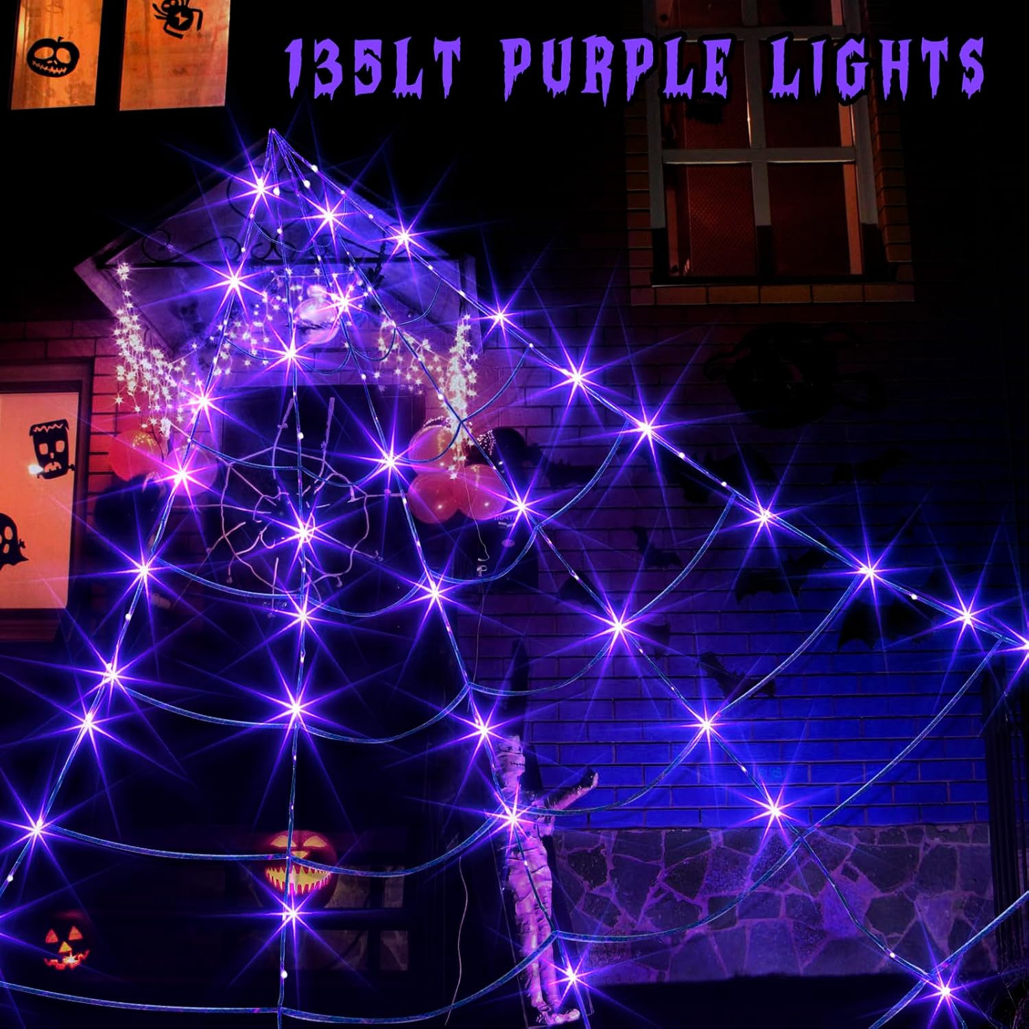 Vanthylit Decoraciones de Halloween para exteriores, luces gigantes de telaraña de 16 x 15 pies con 135 luces LED moradas iluminadas para fiestas,