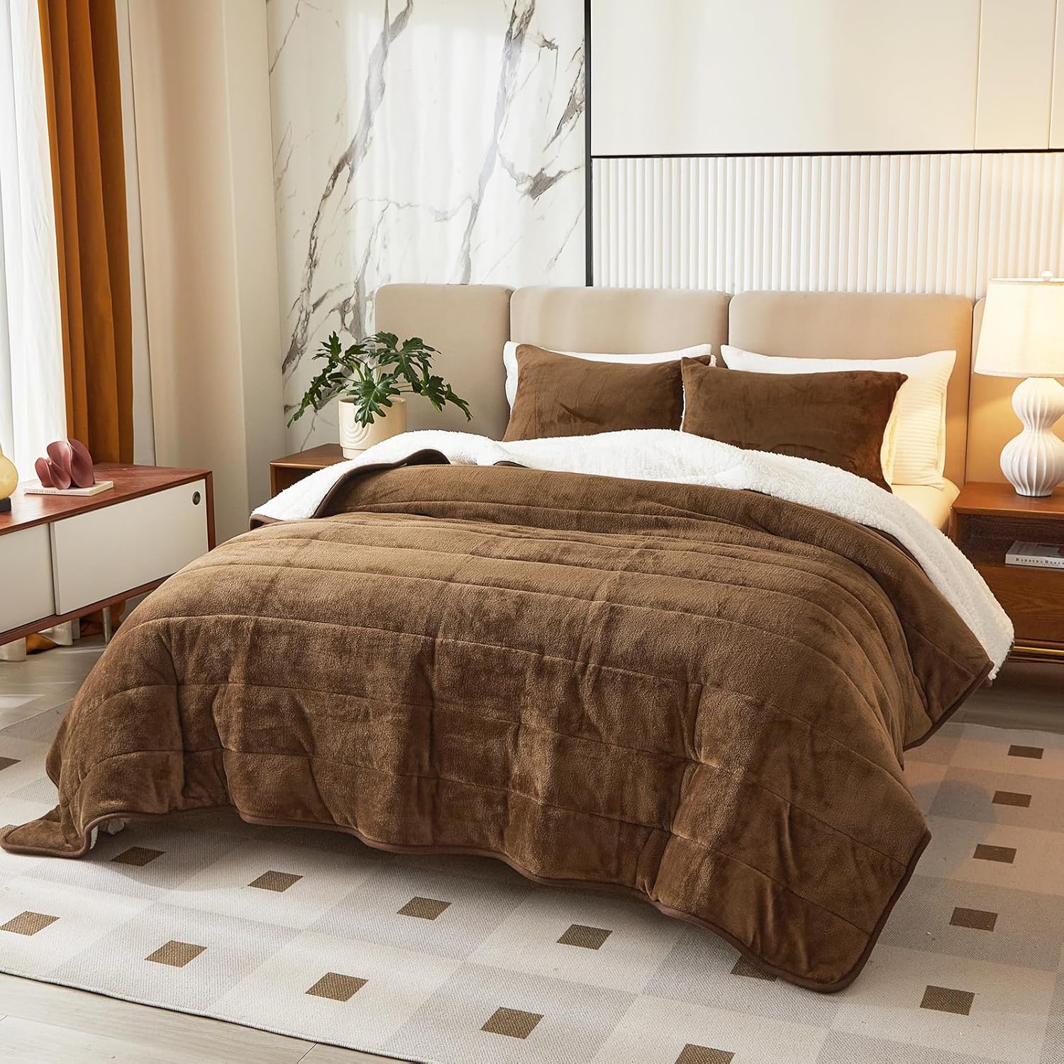 Manta de cama gruesa de franela de lujo de 3 capas, tamaño individual, manta sherpa de terciopelo de felpa suave con 2 fundas de almohada, pesada y