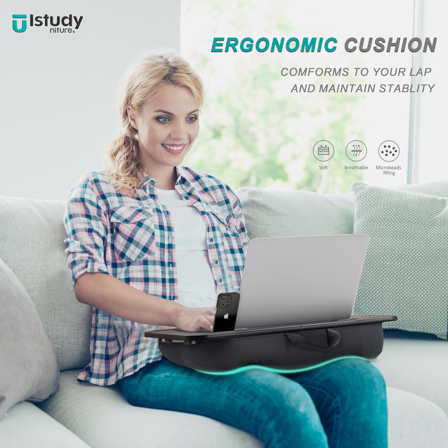 ISTUDYNITURE – Escritorio de regazo portátil para laptop con cojín de almohada, se adapta a portátiles de hasta 15.6 pulgadas, soporte para laptop