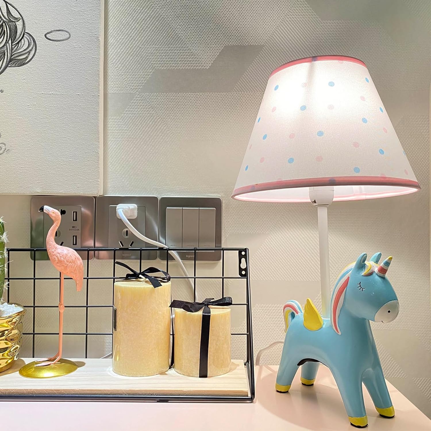 Lámpara de mesa, adorable lámpara de escritorio para niños, estilo unicornio de 13 pulgadas, lámpara de noche azul, ideal para decoración de