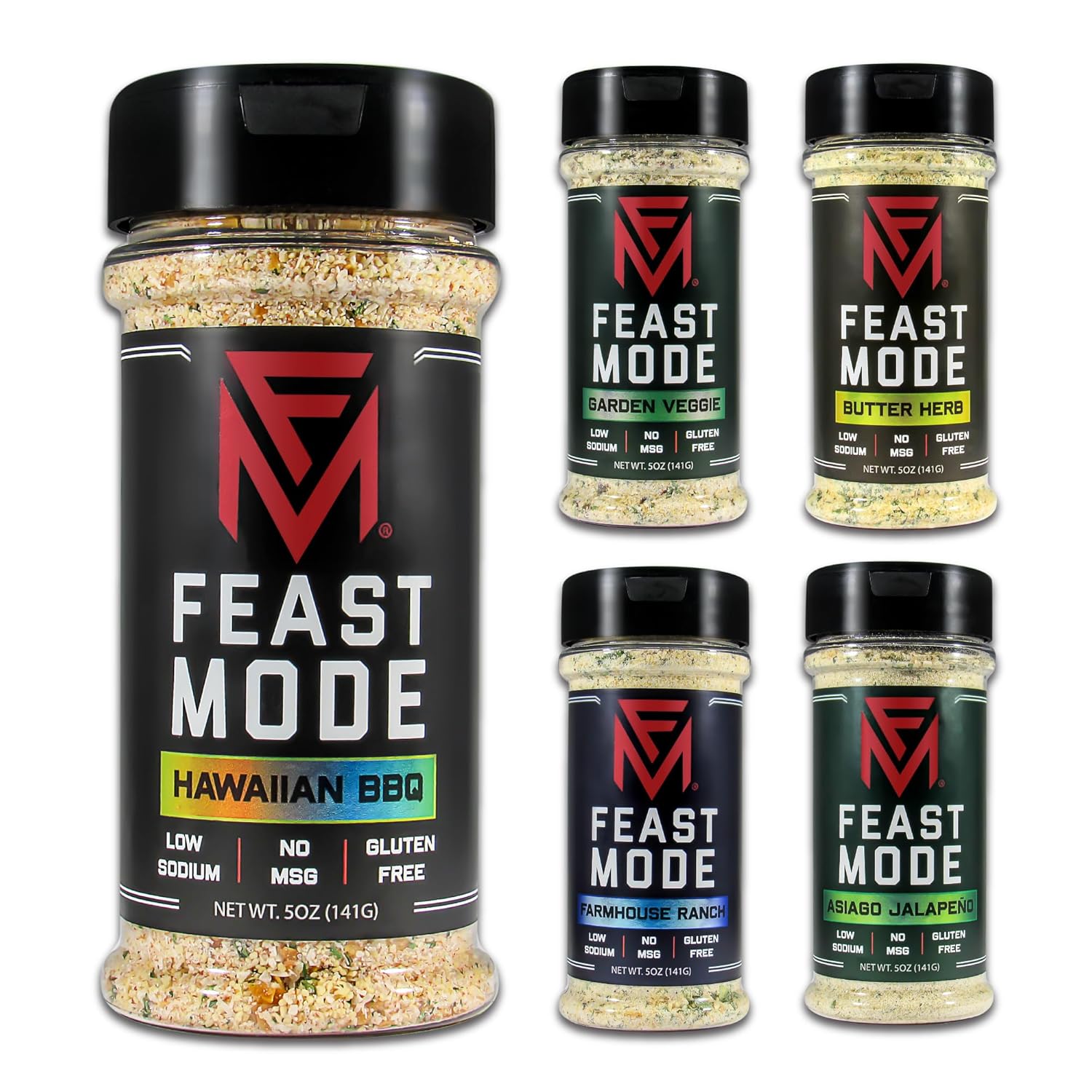 Feast Mode Flavors  Paquete Gainz  5 unidades  Condimentos de 5 onzas  BBQ hawaiano  Vegetal de jardín  Hierba de mantequilla  Rancho de granja