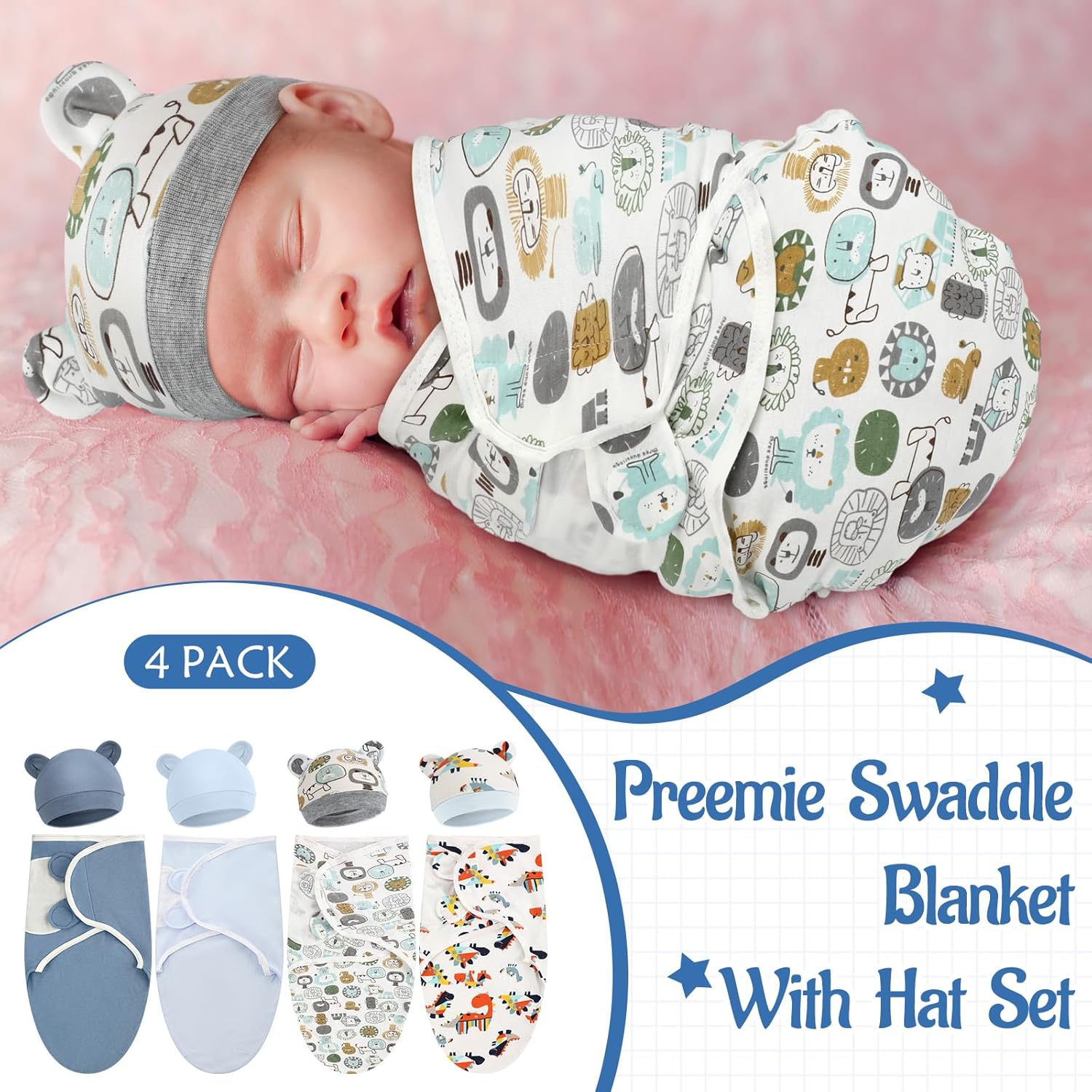 Buryeah Paquete de 4 mantas con gorro para bebés niños y niñas prematuros para bebés y niñas prematuros para bebés de 3 a 7 libras, Bonito estilo.