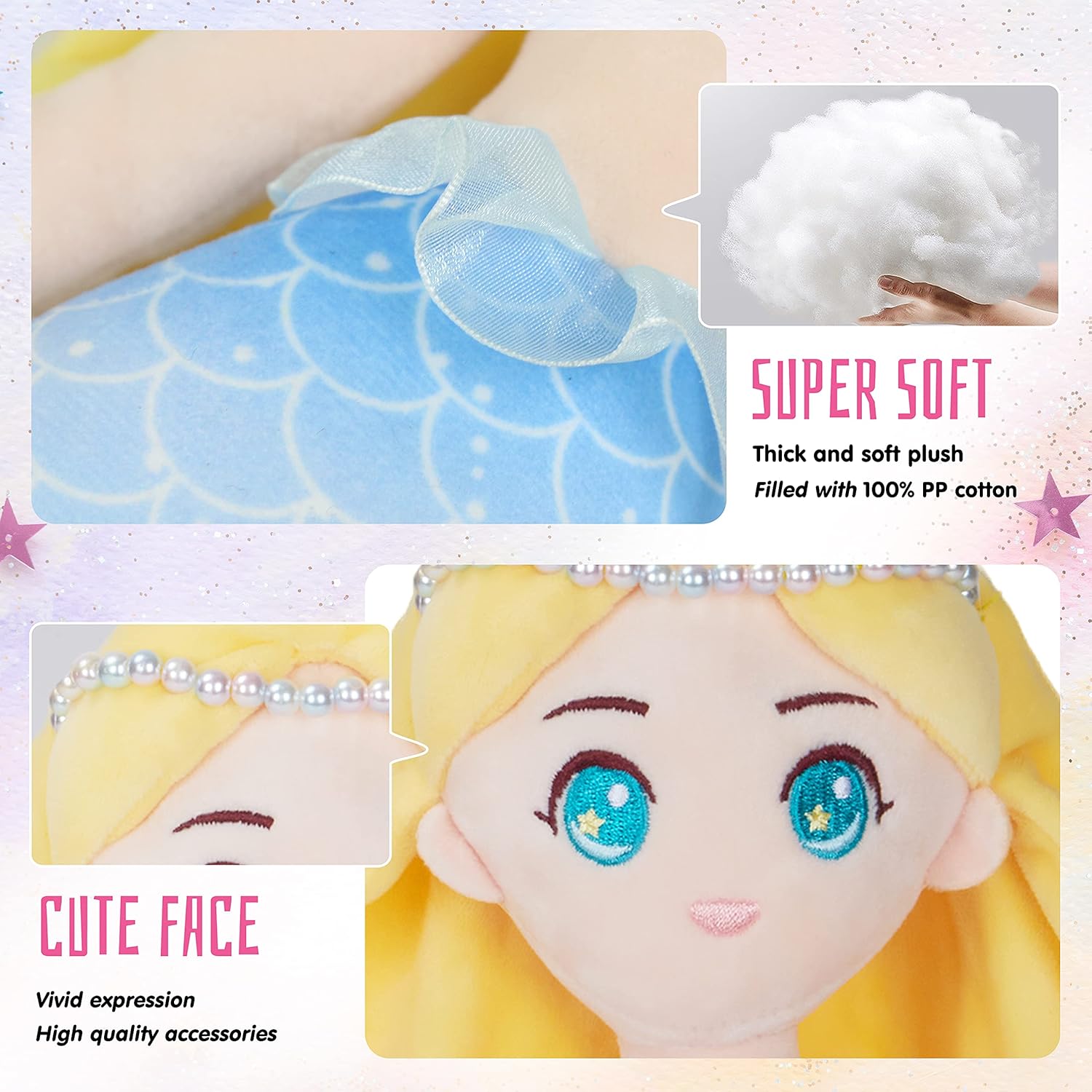 Athoinsu Muñeca de peluche suave de princesa sirena, cumpleaños, día del niño, para niñas pequeñas, amarillo, 15.5 pulgadas