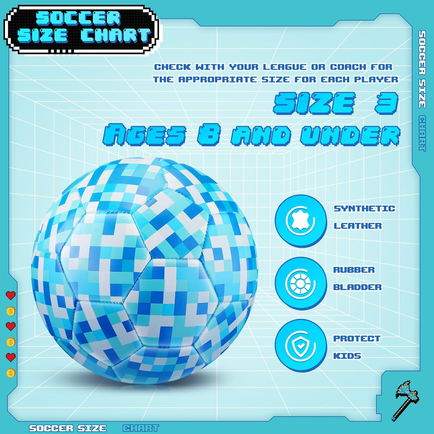 Pixel Size 3 – Balón de fútbol con bomba de 3 a 4 años, 4 a 6, 6 a 8 píxeles, para interiores y exteriores, juguetes de fútbol con bomba para niños,