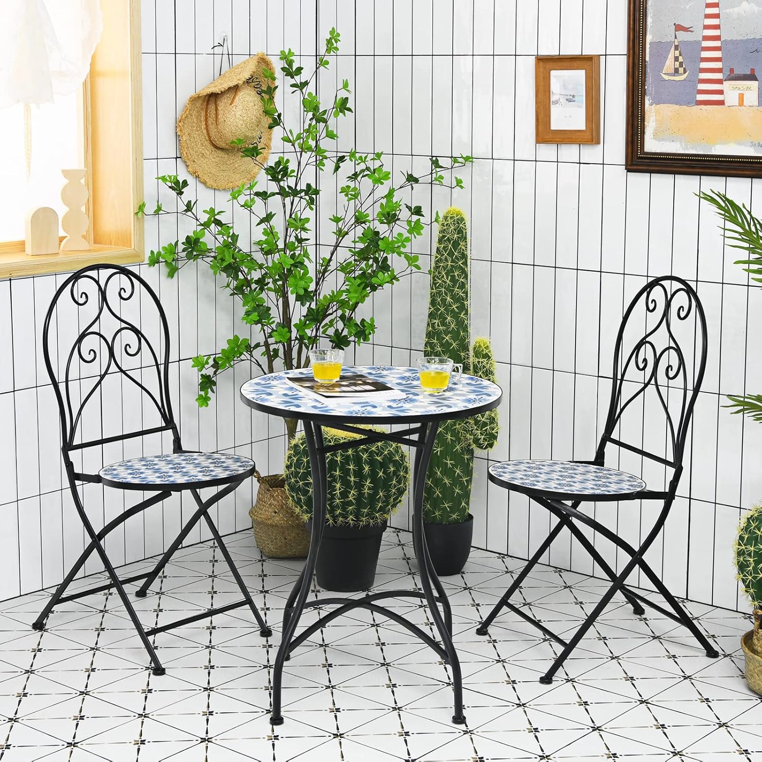 Giantex 2 sillas plegables de bistró, sillas de patio de mosaico con asiento de azulejos de cerámica y exquisito patrón floral, sillas de comedor al