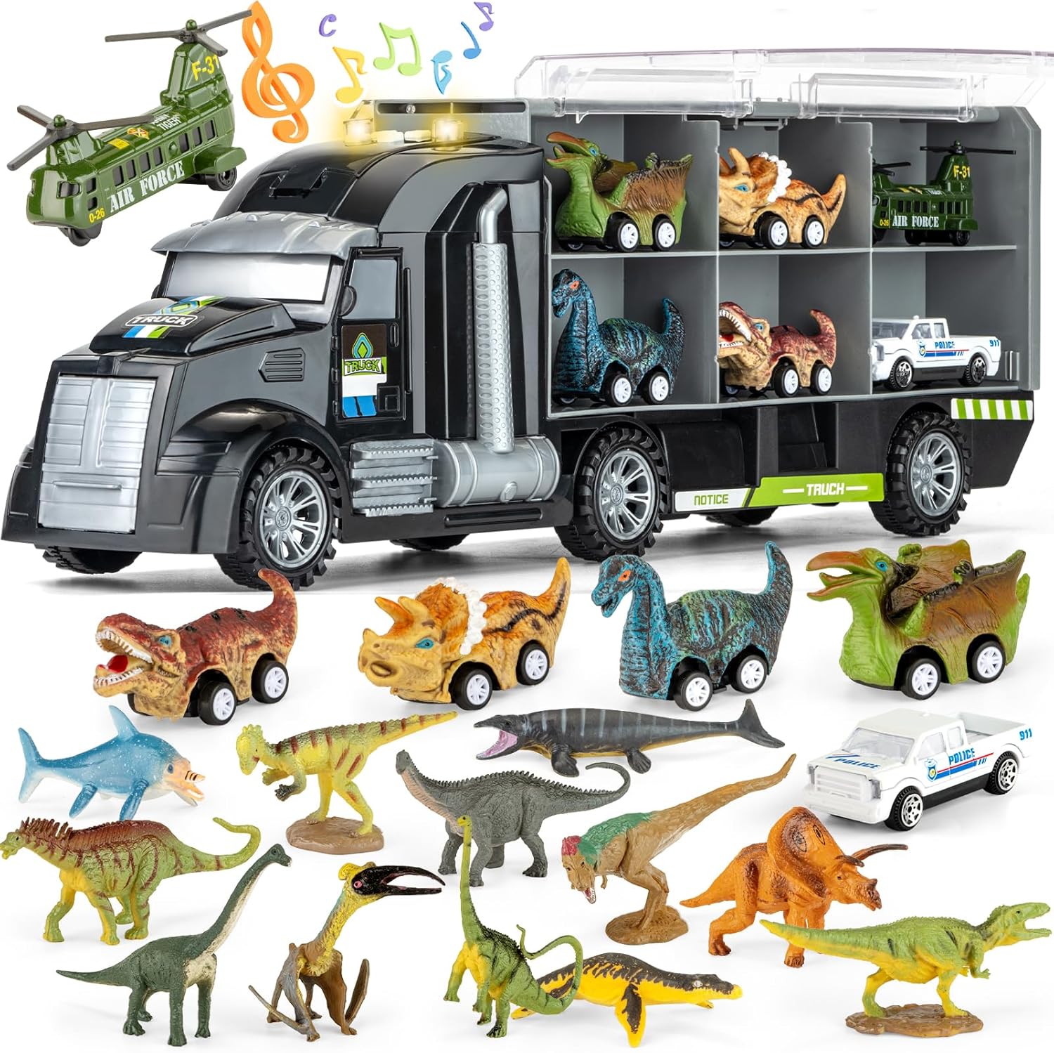 BOKABOKA Camión de dinosaurio 19 en 1 para niños, 12 mini dinosaurios, 4 autos de tracción de dinosaurio, 2 vehículos transportadores de transporte
