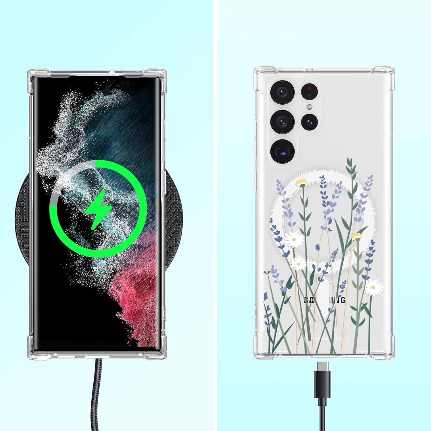 ZTOFERA Funda magnética para Samsung Galaxy S22 Ultra, carga inalámbrica y patrón floral diseñada con parte trasera de policarbonato duro