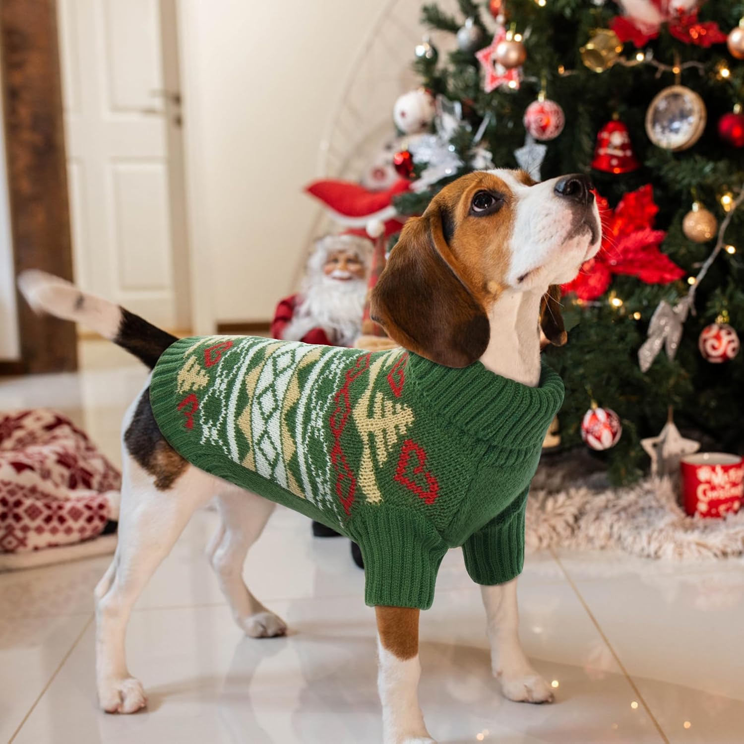 PUMYPOREITY Suéter de Navidad para perro, suéter cálido para perro de tamaño grande, suéteres de cuello alto para perros grandes, traje de Navidad