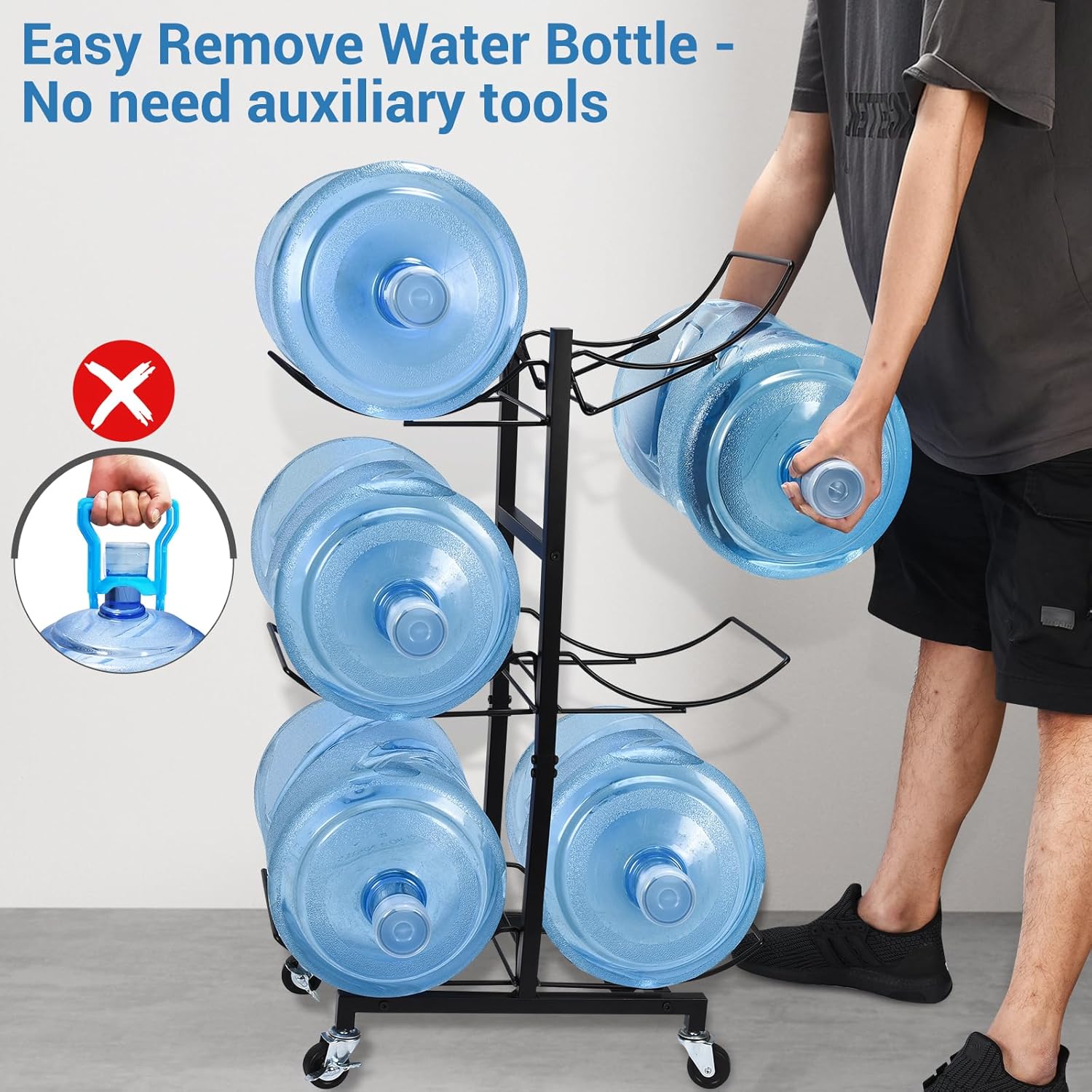 Soporte para botella de agua de 5 galones con 4 ruedas, soporte plegable resistente para jarra de agua de 3 niveles, soporte para jarra de agua de 5