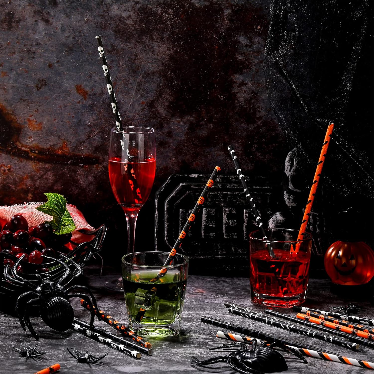 250 pajitas de papel de Halloween, color naranja, negro y blanco, pajitas de Halloween en murciélago y calabaza calavera para fiestas de Halloween