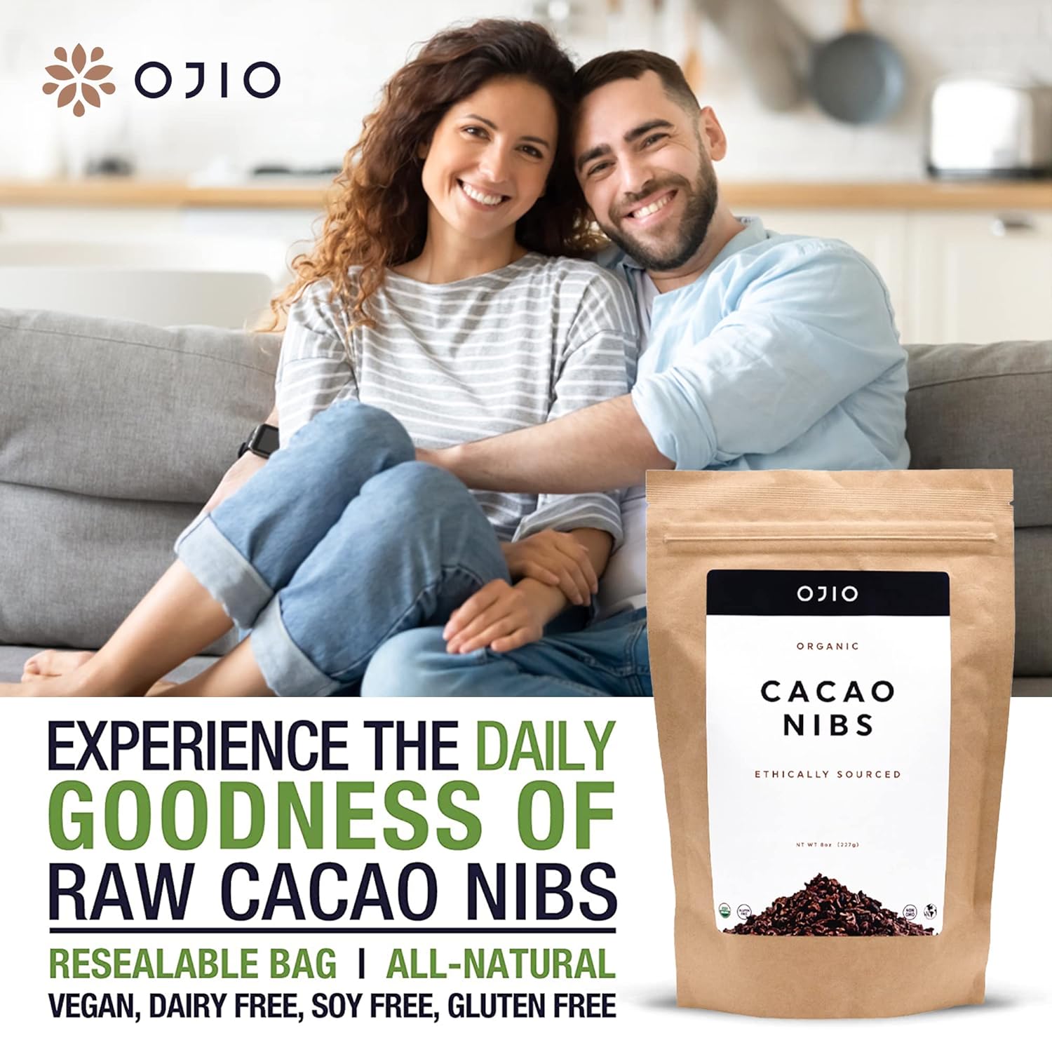 OJIO Plumas de cacao crudo orgánico  Paleo  Orgánico  Sin OMG  Kosher  Superalimento antioxidante antienvejecimiento  Sin gluten  8 onzas  Paquete