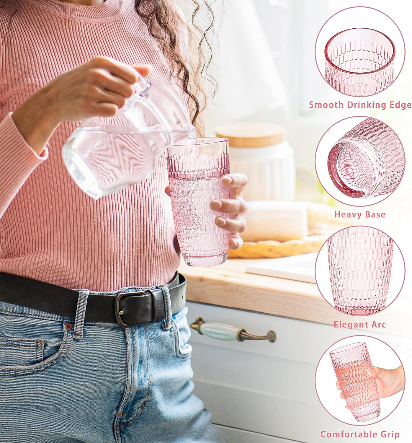 CREATIVELAND Highball – Juego de 6 vasos de bebida románticos de color rosa, base gruesa y pesada, gran capacidad, 14.87 onzas, vasos de vidrio para