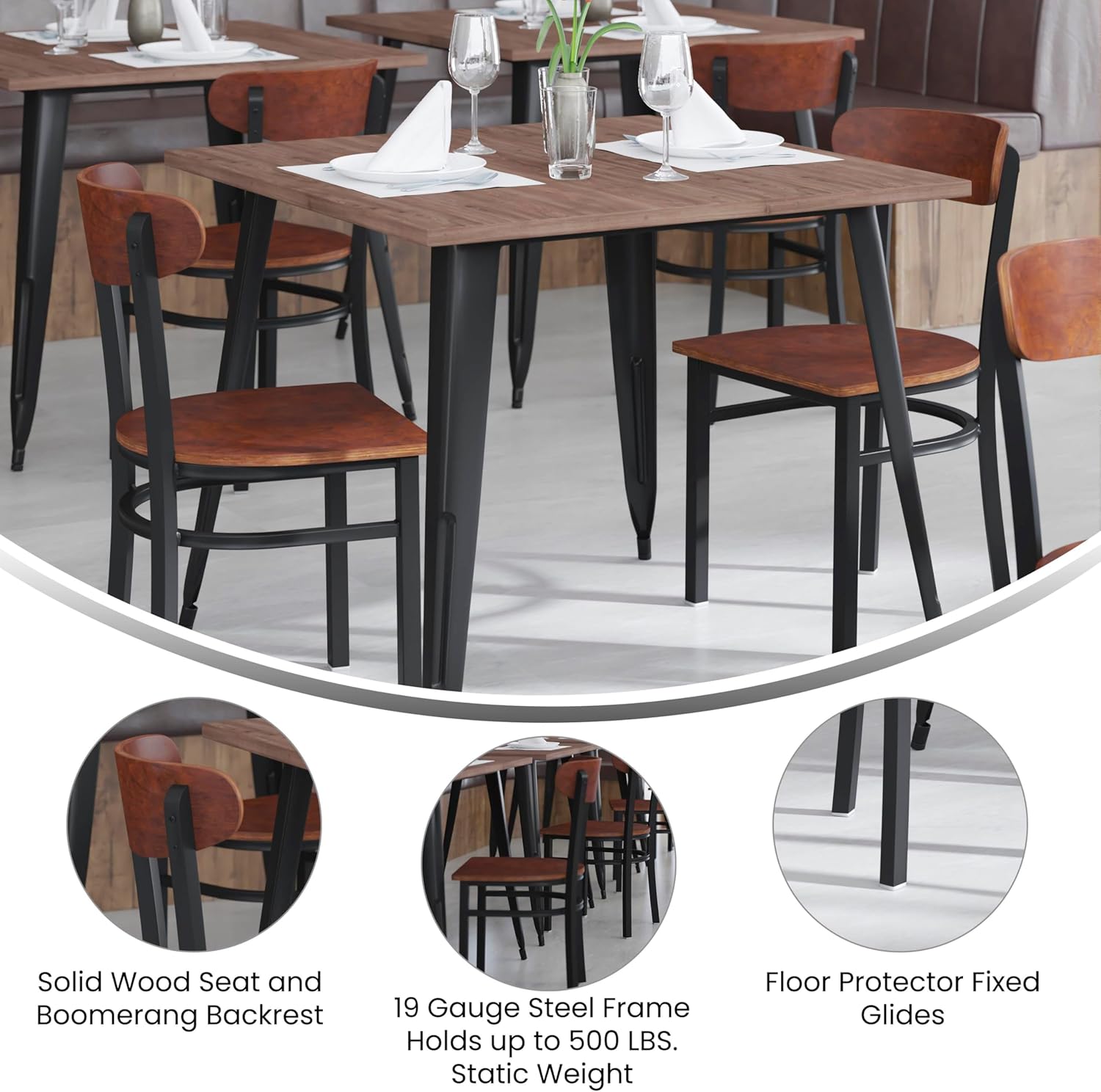 Flash Furniture Wright – Silla de comedor de grado comercial, asiento de madera maciza con acabado de nogal y respaldo de boomerang, 500 libras de