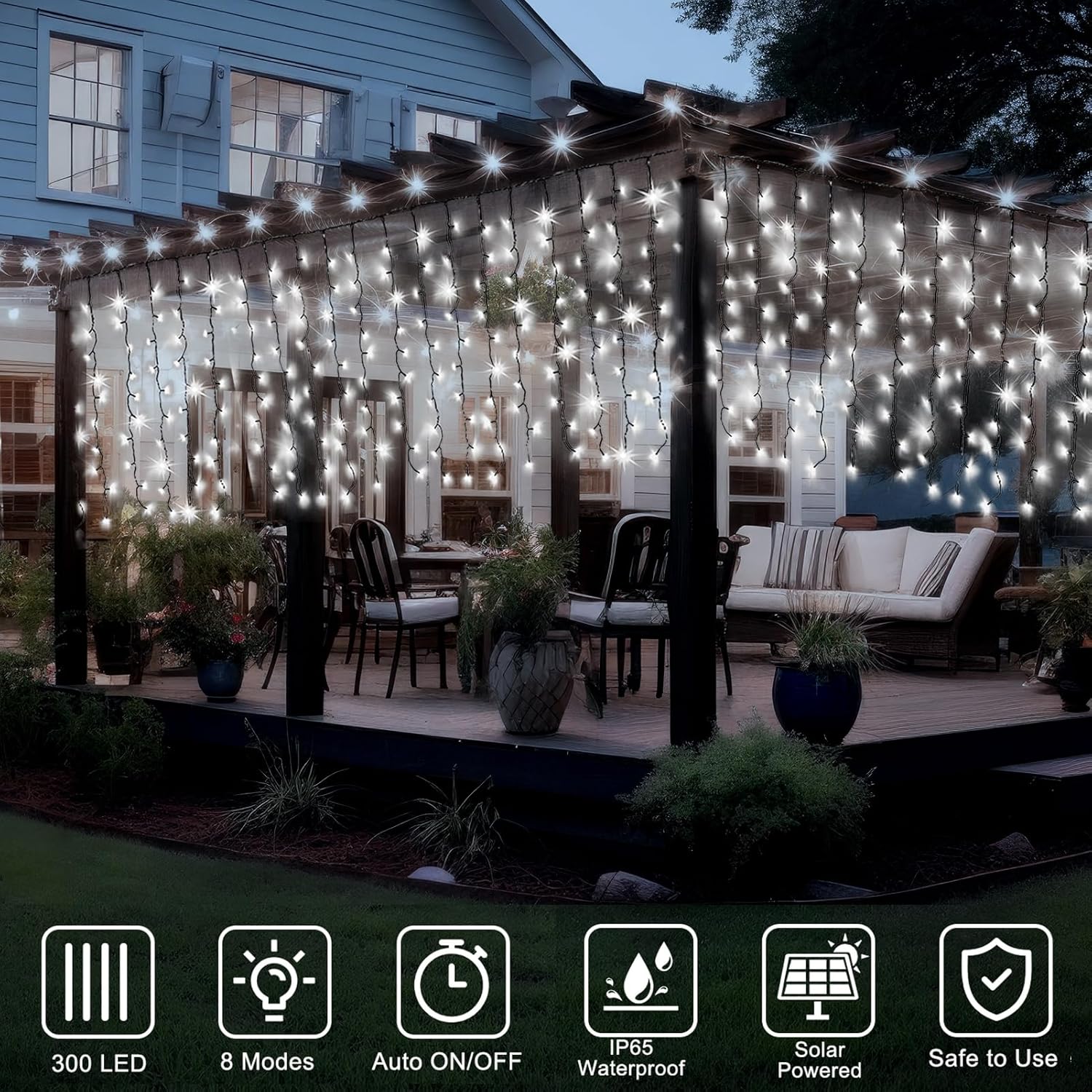 DBFAIRY Cortina solar para exteriores, 300 luces LED solares para cortina con 8 modos para decoración de pared, barandilla, barandilla, aleros,