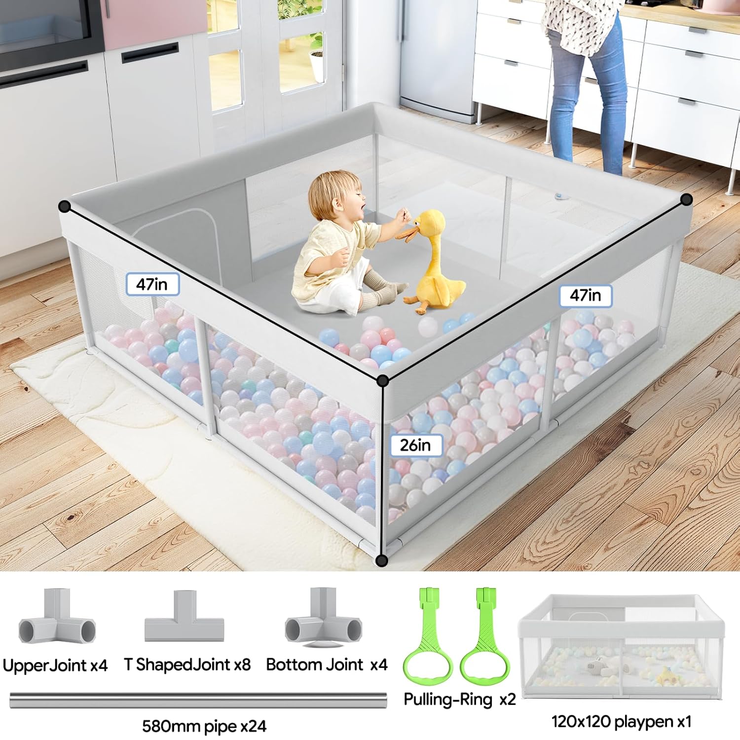 Fodoss Corralito para bebés, 47 x 47 pulgadas, corralito para bebés y niños pequeños, corralito pequeño para piso, corralito antideslizante de