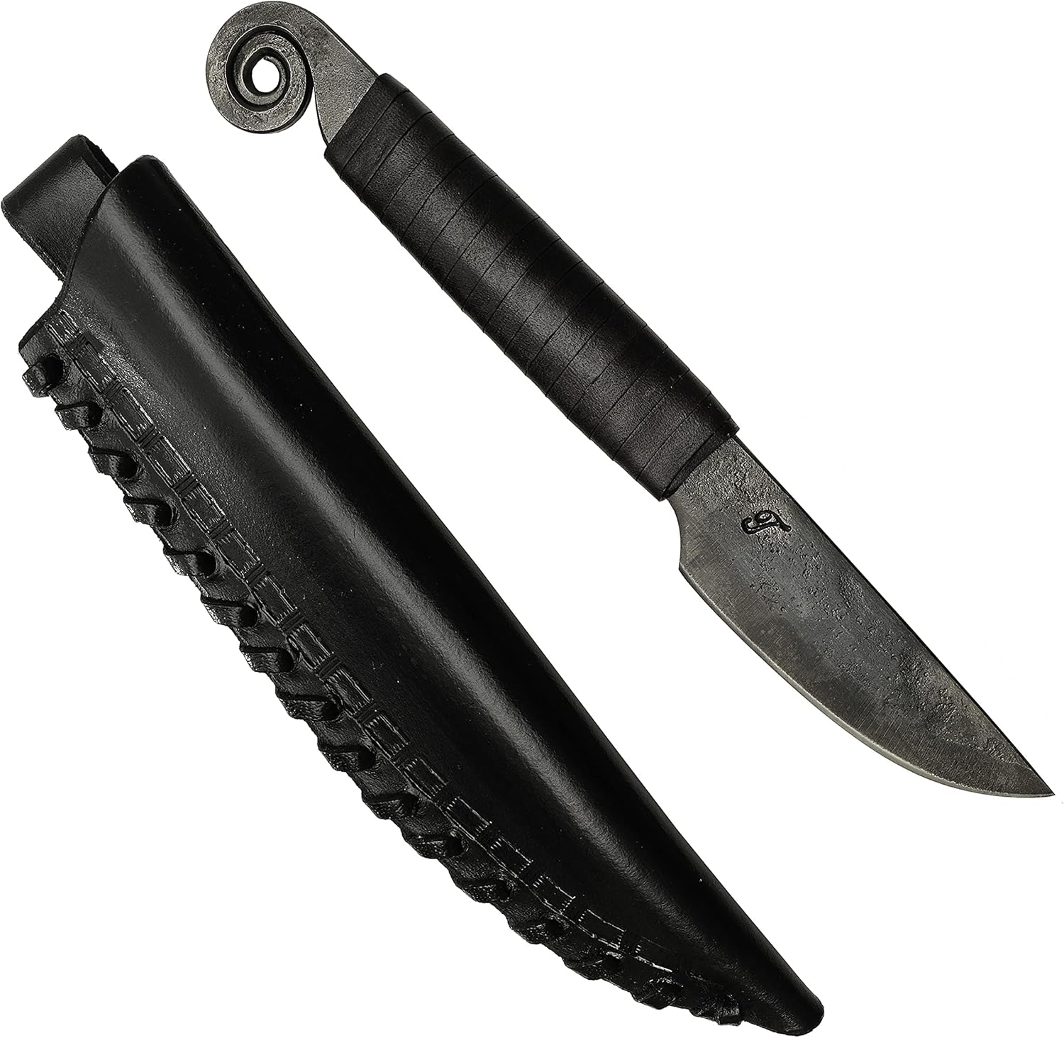 TOFERNER Cuchillo forjado a mano – Caracol – negro – Deportes – Hoja endurecida – Estuche de cuero genuino hecho a mano – Vintage- Colección de arte