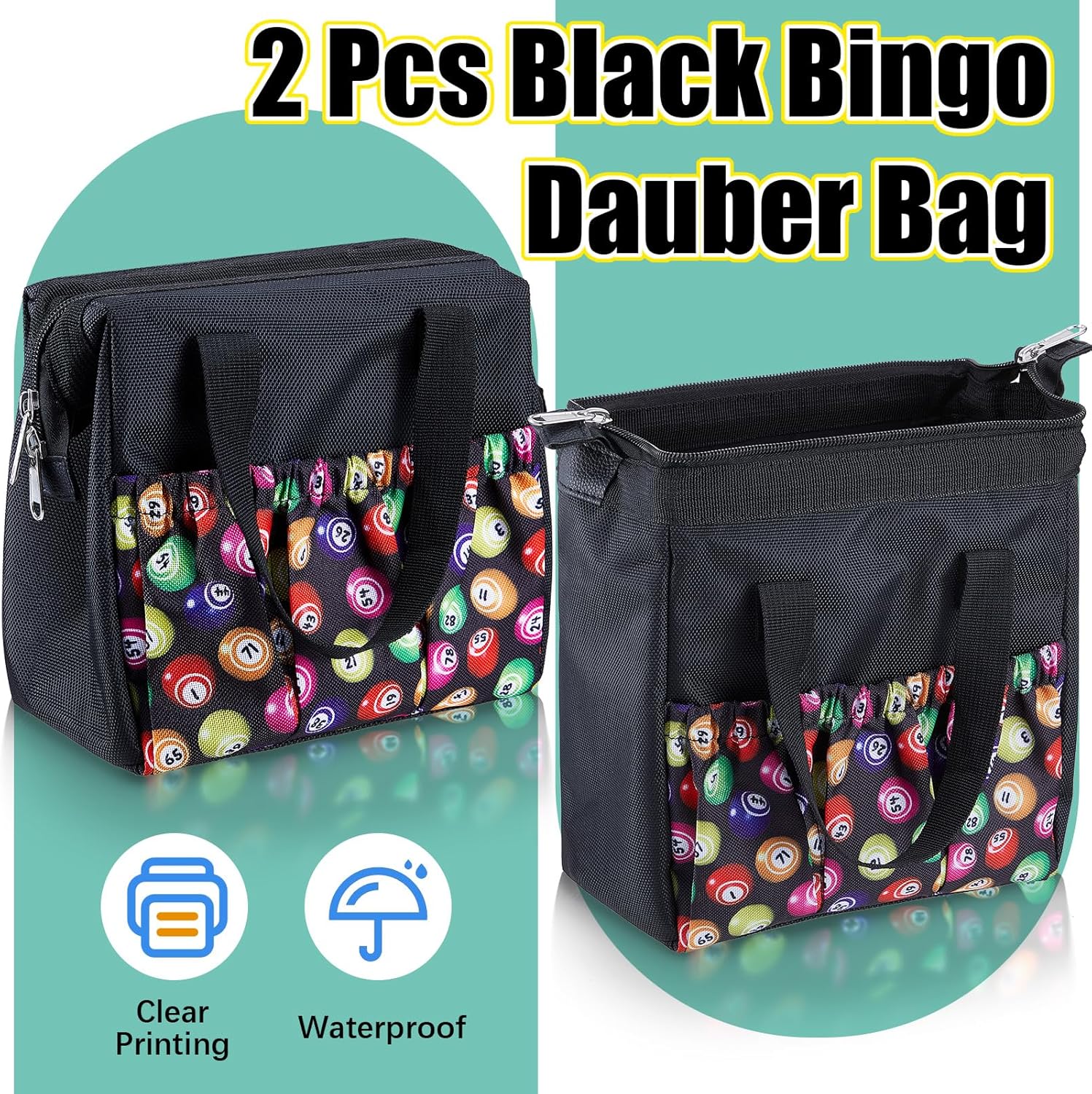 Paterr 2 bolsas de bingo Dauber negras con 6 bolsillos, bolsa de bingo de gran capacidad con cremallera y asa, bolsa de bingo de viaje, bolsa de