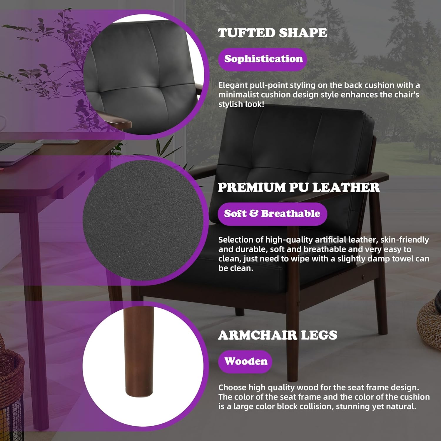 TYBOATLE Sillas decorativas retro modernas de mediados de siglo, sillón tapizado de piel sintética con marco de madera maciza y cojines extraíbles,