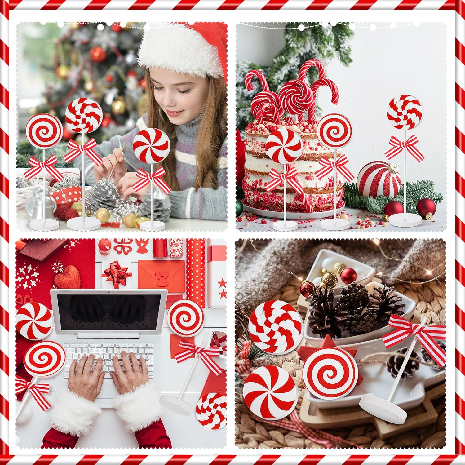 Amyhill 3 piezas de decoración de Navidad de madera para decoración de bandeja escalonada de invierno, centros de mesa de dulces rojos y blancos,