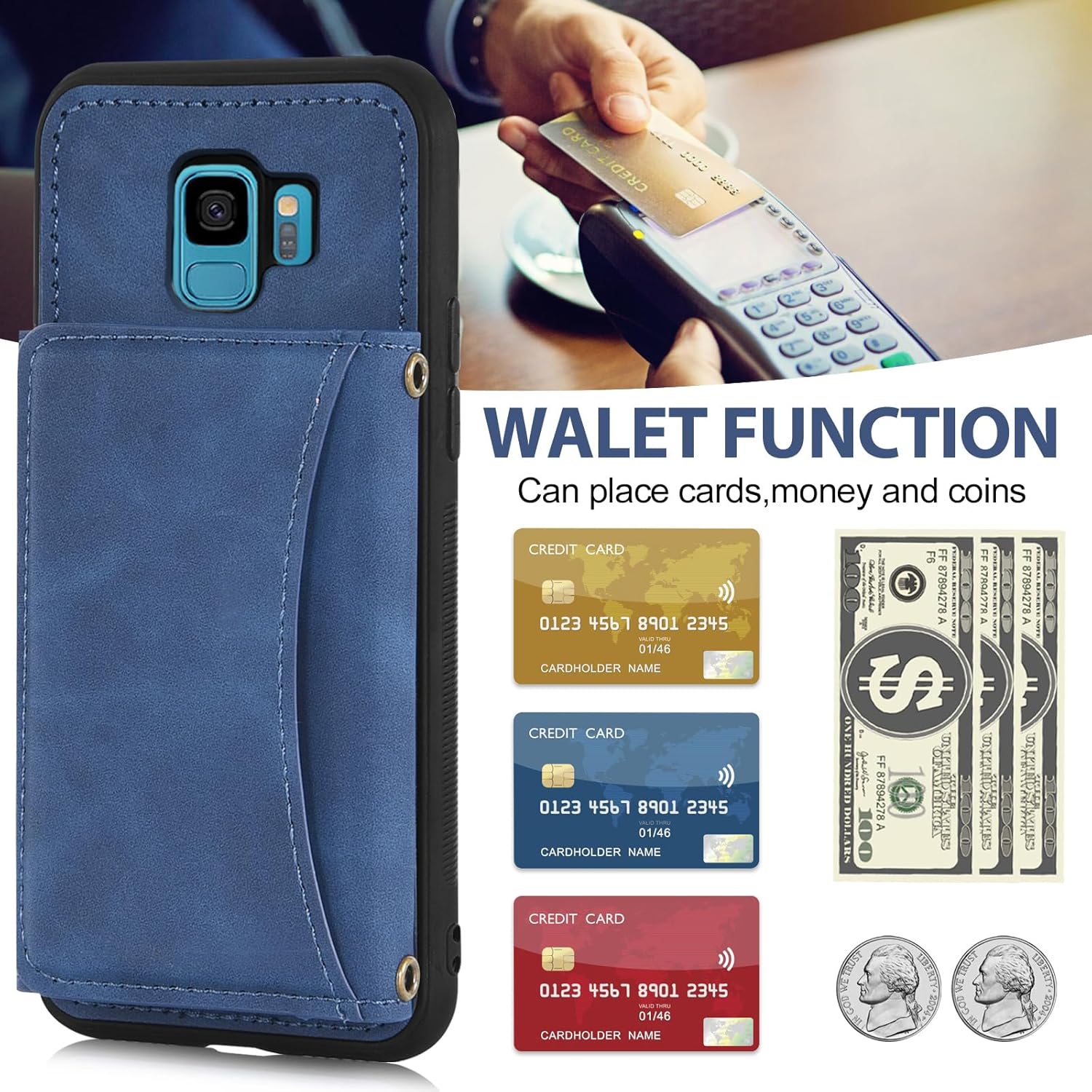 Asuwish Funda de teléfono para Samsung Galaxy S9 con protector de pantalla de vidrio templado y soporte de cuero sintético para tarjetas de crédito,