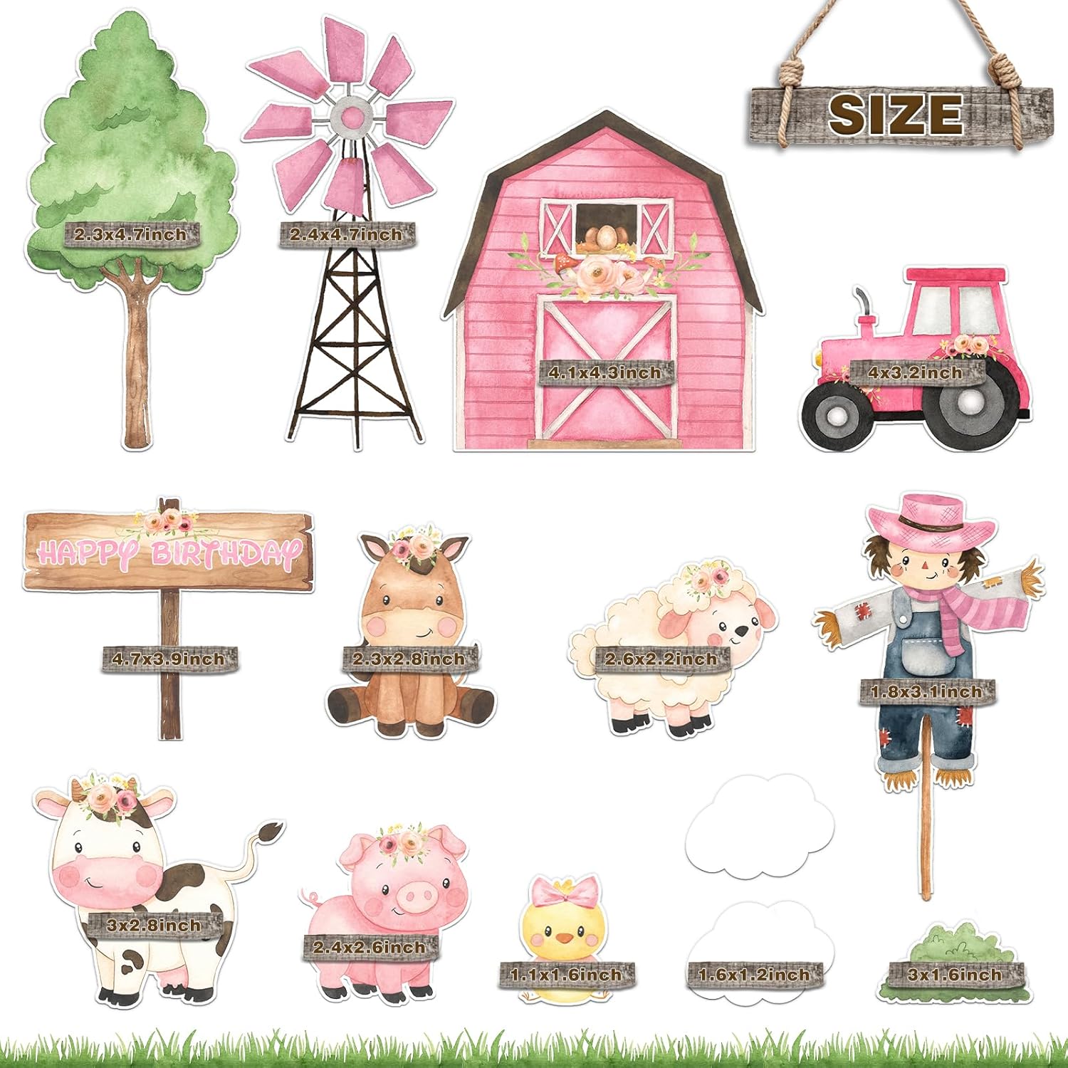 Decoración rosa para tartas de animales de granja, decoración de cumpleaños, 14 piezas de animales de granja, decoraciones para tartas, suministros