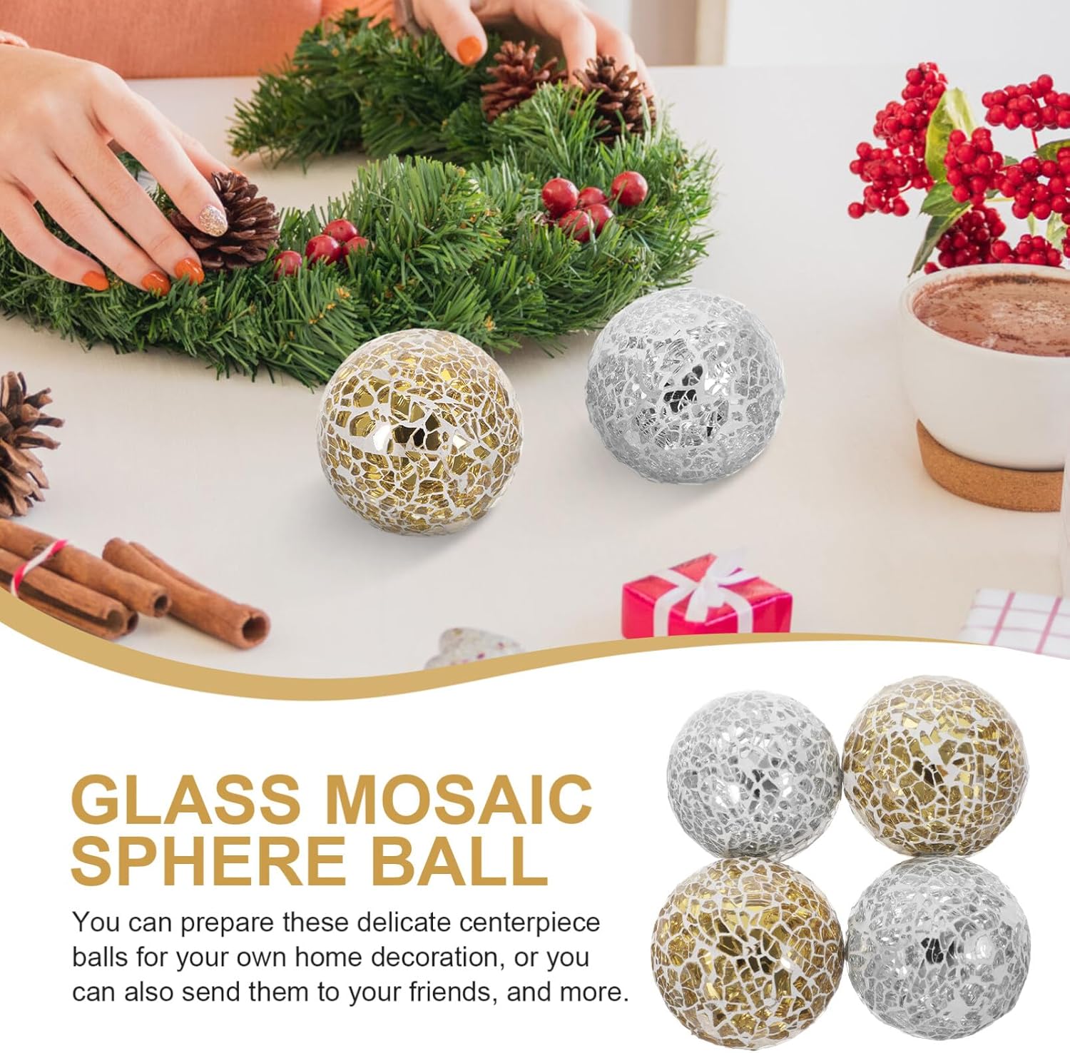 SEWACC Bolas decorativas de mosaico, 4 unidades, bolas redondas de mosaico, bolas de vidrio de mosaico decorativas, bola sólida de vidrio para