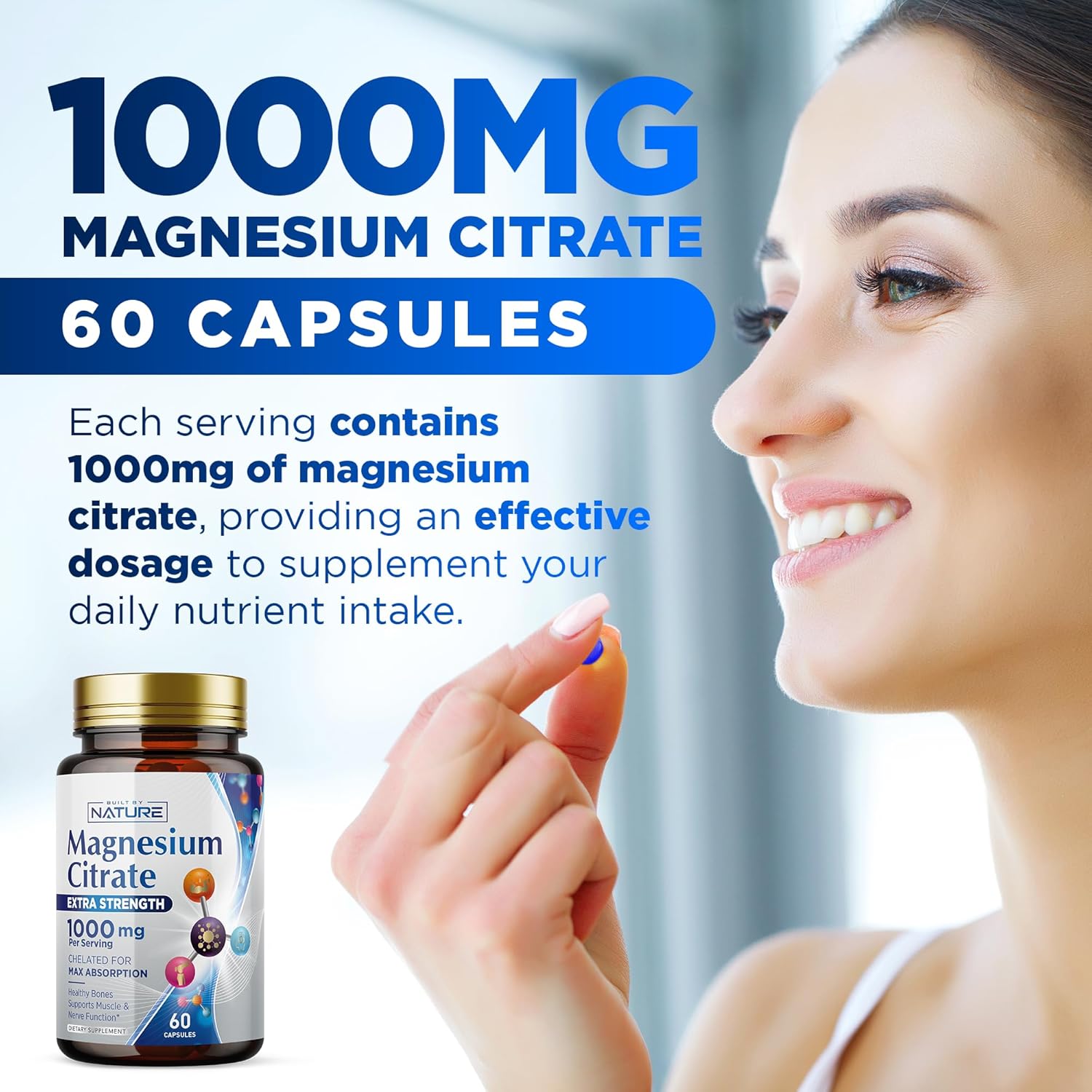 Citrato de magnesio 1000 mg  Máxima absorción y complejo de magnesio de alta potencia Suplemento para corazón, músculo, nervio, salud ósea y alivio