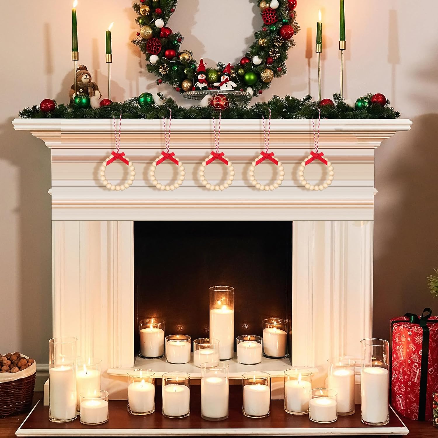 12 piezas de adornos redondos de madera para árbol de Navidad, adornos bohemios para árbol de Navidad, cuentas de madera con lazo para casa de
