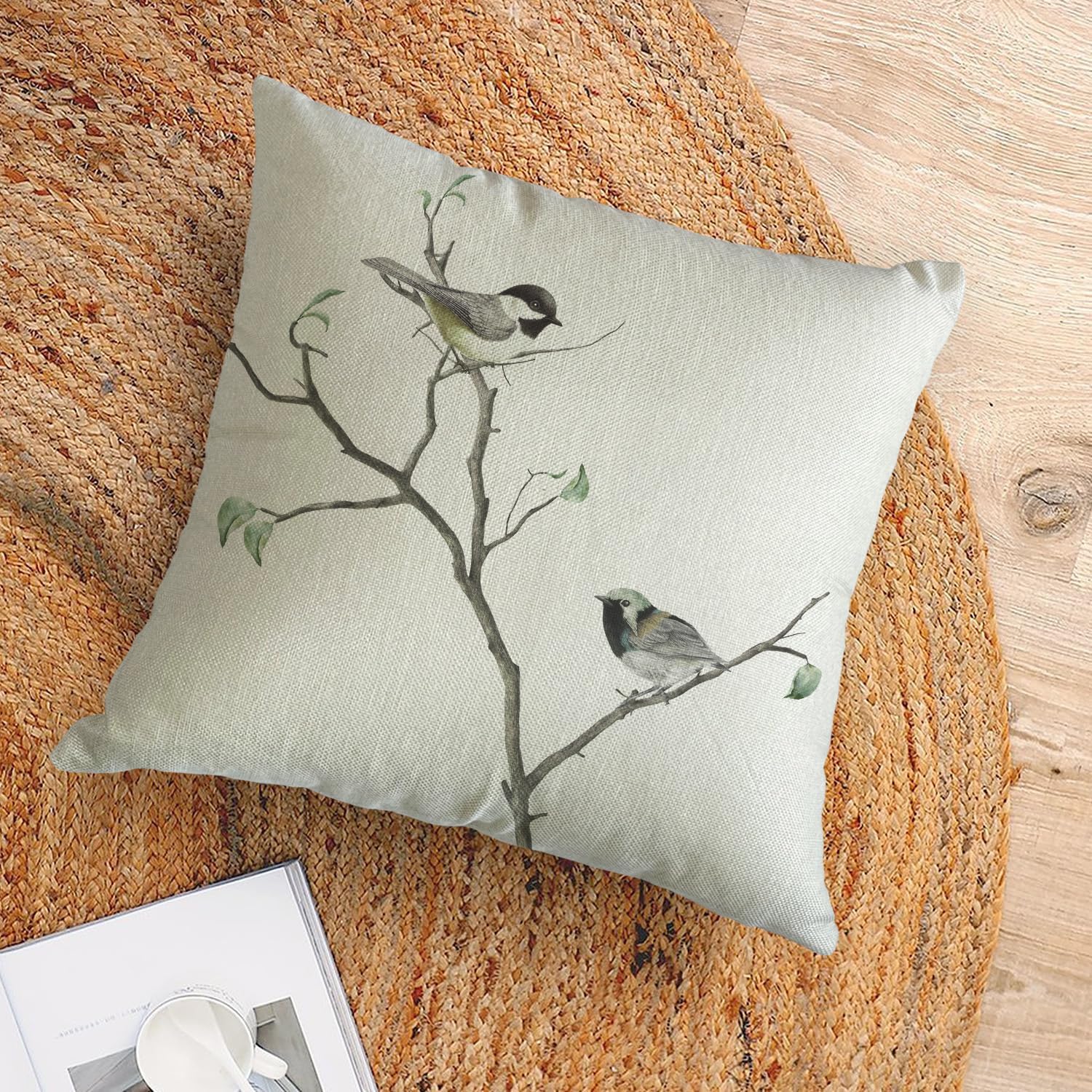 Fundas de almohada decorativas de lino de 18 x 18 pulgadas con diseño de pájaros en el árbol, funda de cojín para decoración de granja